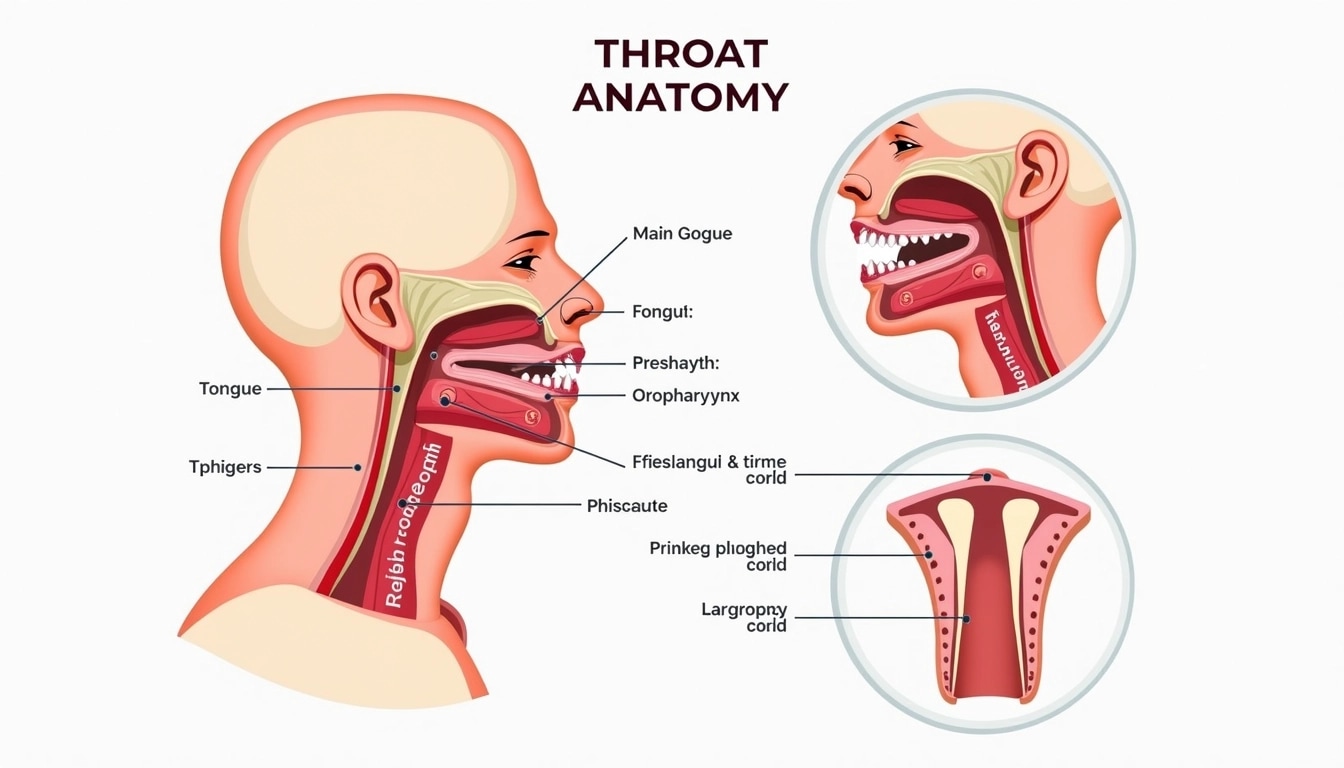 Create an anatomical illustration of the throat, featuring the following elements:
1. **Main Diagram**: Depict the throat structure on the left side, with labeled parts including the following:
- Tongue
- Pharynx sections (nasopharynx, oropharynx, laryngopharynx)
- Epiglottis
- Vocal cords
- Trachea and esophagus
2. **Side View**: Include a side profile view of the neck region highlighting the throat, with simpler lines and soft color gradients.
3. **Inset View**: On the right side, add a circular inset showing a close-up view of the vocal cords, with labels for each part in a clear, easy-to-read font.
4. **Color Scheme**: Use soft pastel colors for the throat structure and complementary colors for the labels to enhance readability.
5. **Title**: Add a bold title at the top that reads "THROAT ANATOMY".
6. **Style**: Ensure a clean, educational style, avoiding any brand references or logos.
This adjusted design will maintain educational value while having unique features.