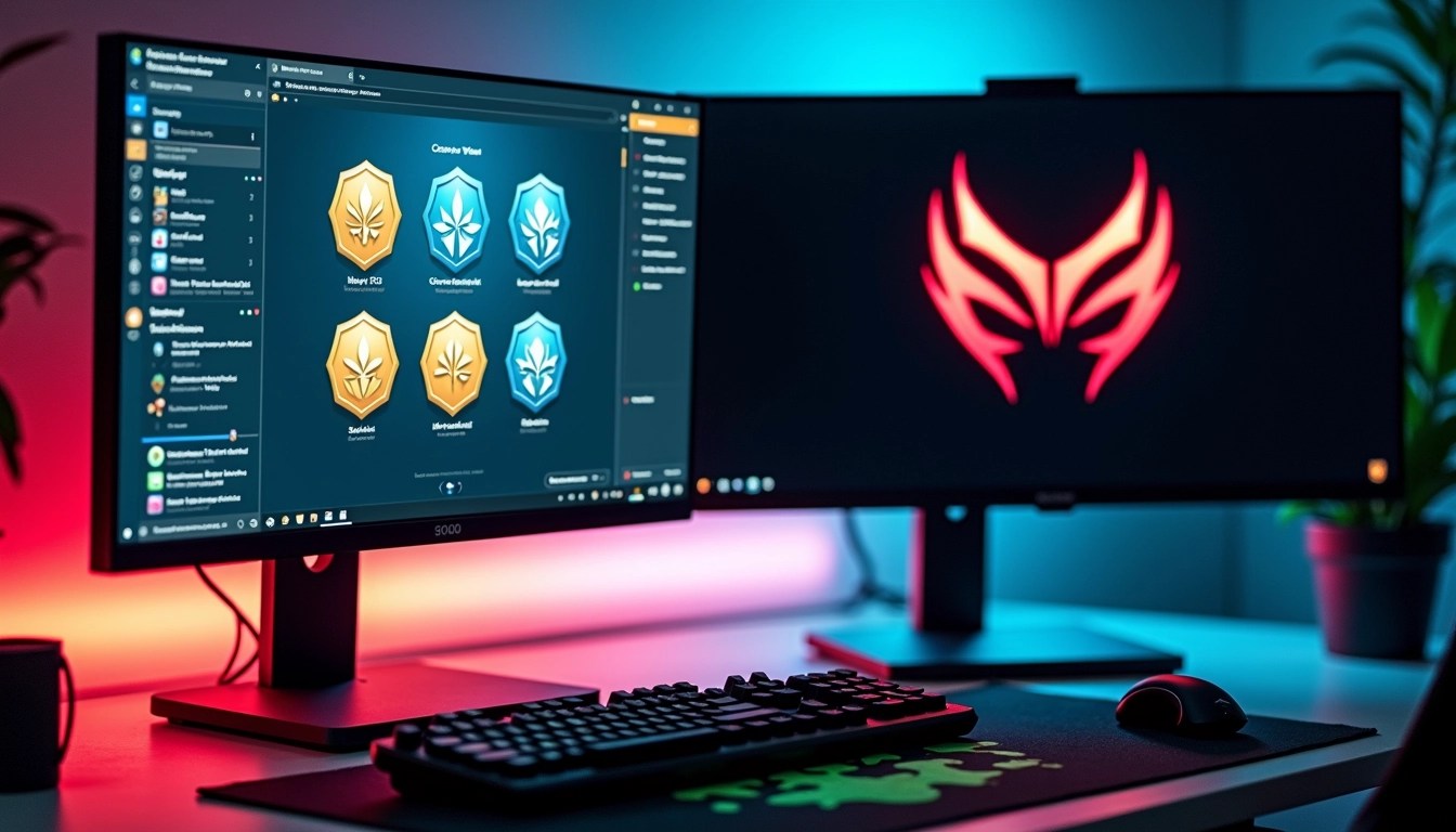 Create a dual-monitor setup with the left screen displaying a gaming interface featuring various achievement badges in a blue and gold theme, with a chat window open on the left side. The right screen should showcase a simple dark background with a prominent abstract logo in red and white. Remove any brand names from the monitors and ensure the workspace is minimalistic, with soft LED lighting along the edges and a single black mouse pad with a green abstract design underneath a mouse. The desk should appear tidy, with only essential cables visible.