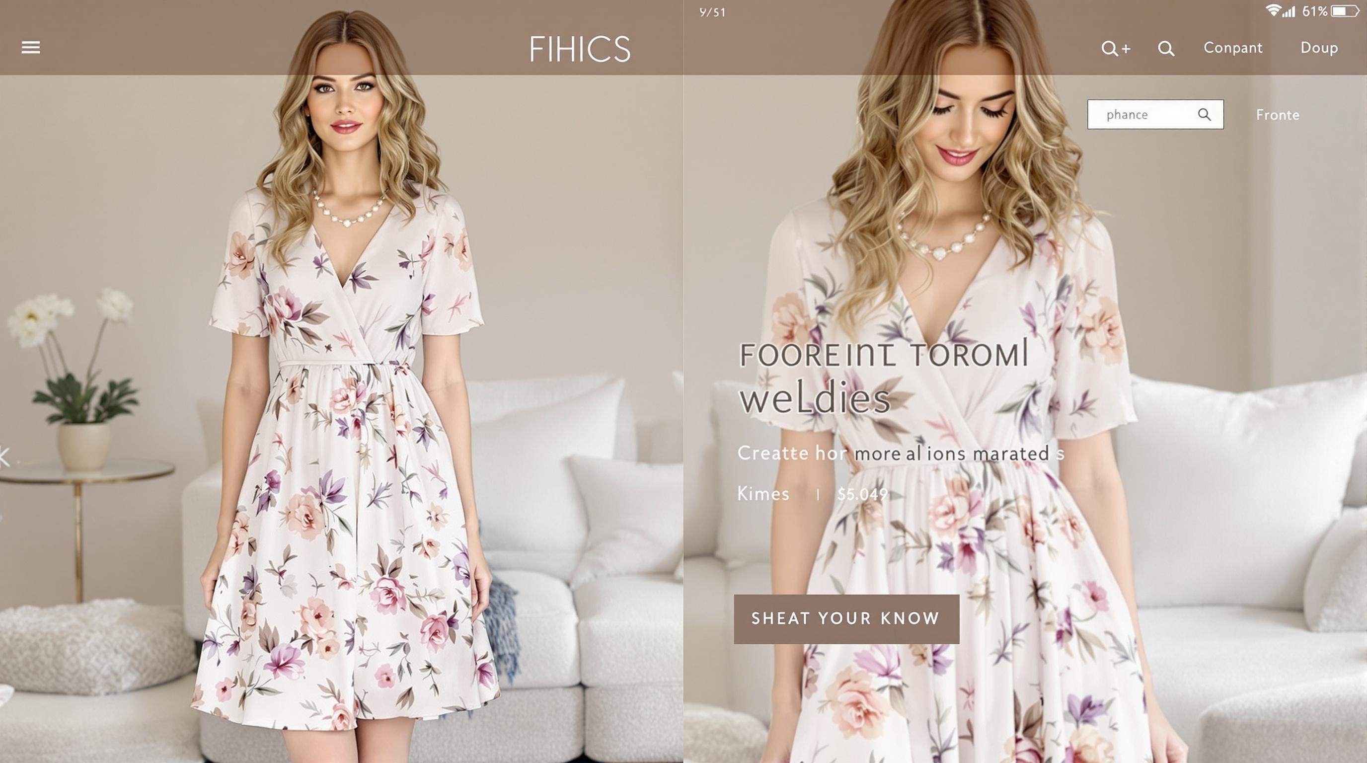 **Prompt:**
Create an image featuring a model in a stylish, floral-patterned dress with a flowing silhouette. The dress should have soft, pastel colors and be knee-length instead of the original. The model can have a chic hairstyle, perhaps loose waves, and an elegant, minimalistic necklace. Instead of tights, she could wear ankle boots with a simple design. The background should consist of a modern living room with neutral tones and a cozy couch, but without any brand logos or specific trademarks visible.