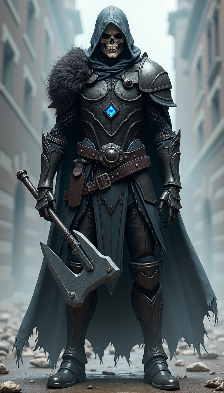 Create a character design featuring a hooded warrior with skeletal elements. The armor should incorporate dark metallic plates and chainmail, but with a more ornate design. Instead of a skull face, depict the character with a smooth, reflective visor. Replace the flowing black cloak with a tattered grey cape, and add glowing blue accents to the armor. Instead of a sword, give the character a large, double-headed axe, and place a dark fur belt around the waist. Use a misty background to enhance the character's ominous presence.