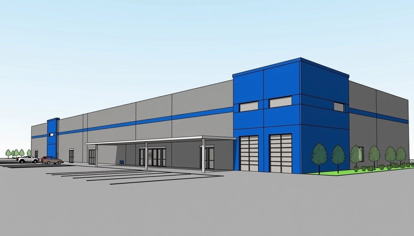 Design a large industrial building with a modern aesthetic. The exterior should feature a mix of gray and bright blue paint, with a prominent blue section on one end. Include multiple small windows along the facade. The entrance area should have a loading dock with a covered structure supported by white pillars. Replace the existing metal staircase with a sleek glass one, leading to a rooftop access area. Add a section for outdoor parking with a few parked vehicles and subtle landscaping in the space around the building, ensuring a professional and polished appearance.