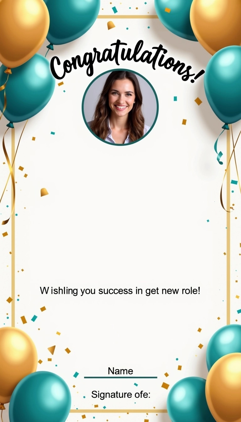 Design a certificate that features a circular photo placeholder at the center, surrounded by colorful balloons in shades of teal and gold. Remove any brand names and use a playful font for the heading "Congratulations!" at the top. Below the photo, include a name placeholder in a bold font, followed by the text "Wishing you success in your new role!" in a smaller, elegant font. Add confetti graphics in the background for a festive touch, and include a space for a signature at the bottom.
