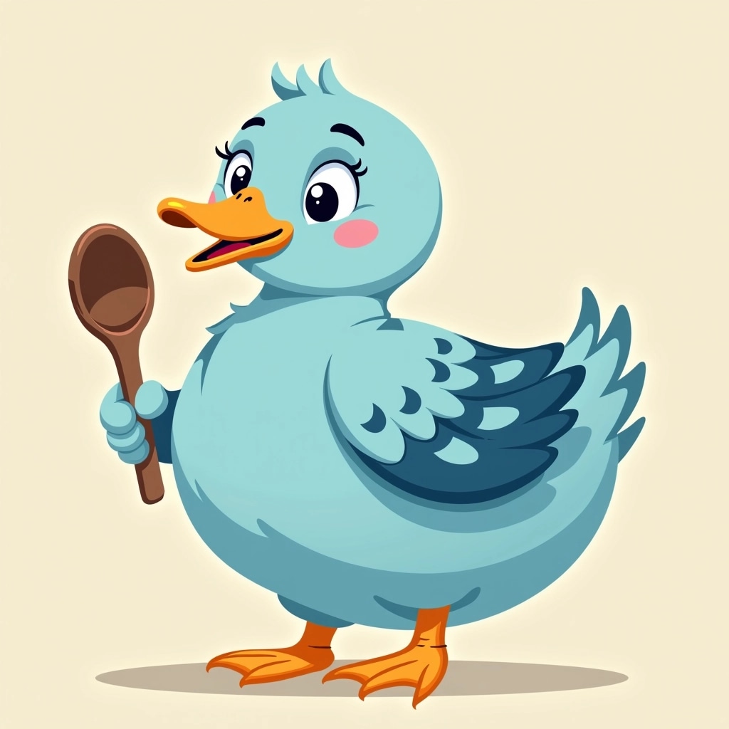 Create a cartoon illustration of a large bird, such as a duck, holding a wooden spoon in its beak. Change the bird's color to a light blue and give it a slightly rounder body shape. Add a distinctive pattern of spots or stripes in a darker blue on its wings. The background should be a simple, solid color to keep the focus on the bird.