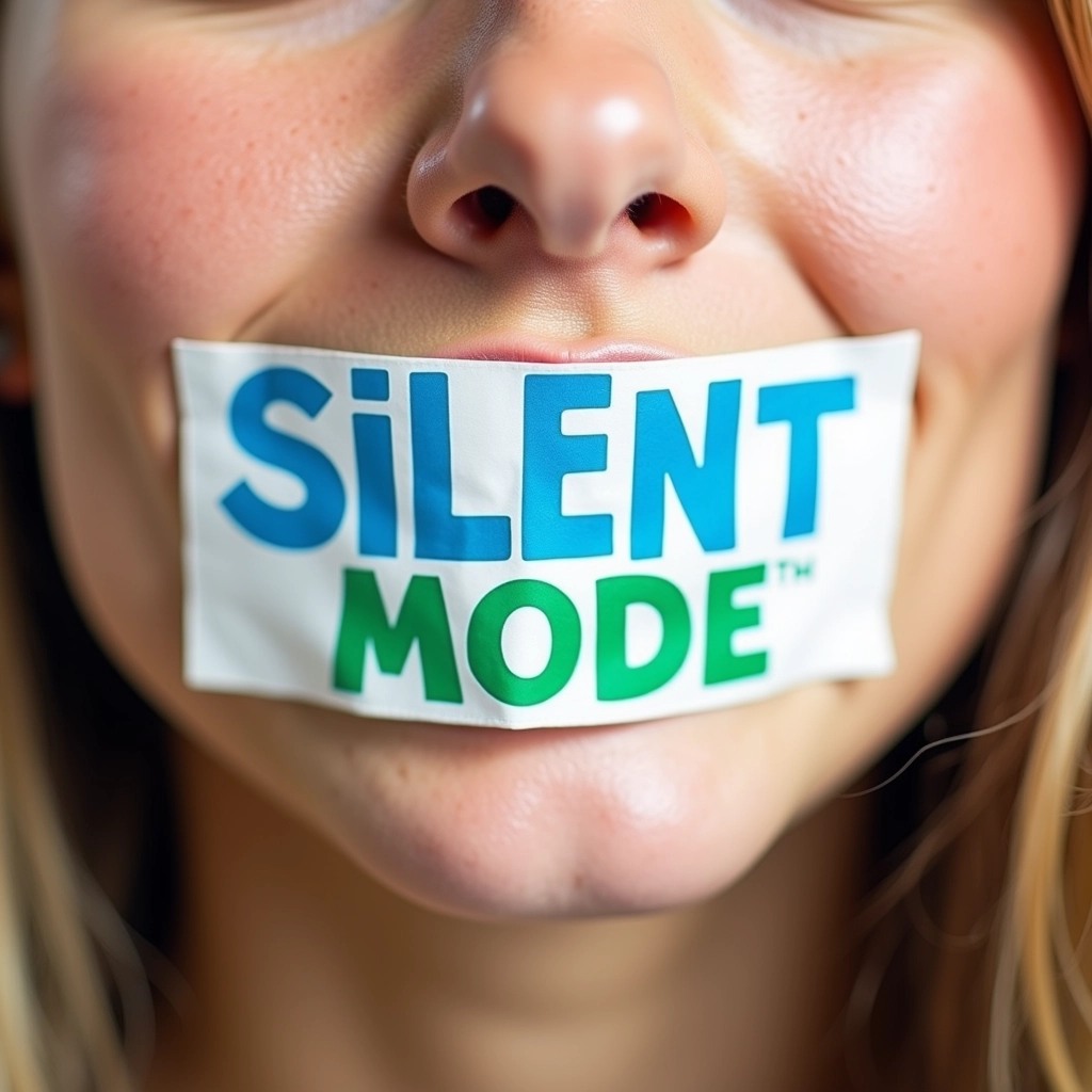 Create an image featuring a close-up of a person's mouth, covered with a plain white strip of tape. Above the strip, use bold, playful typography for the words "Silent Mode" in bright blue and green colors. Remove any brand logos or identifiers. The background should be soft and neutral to keep the focus on the face and text.