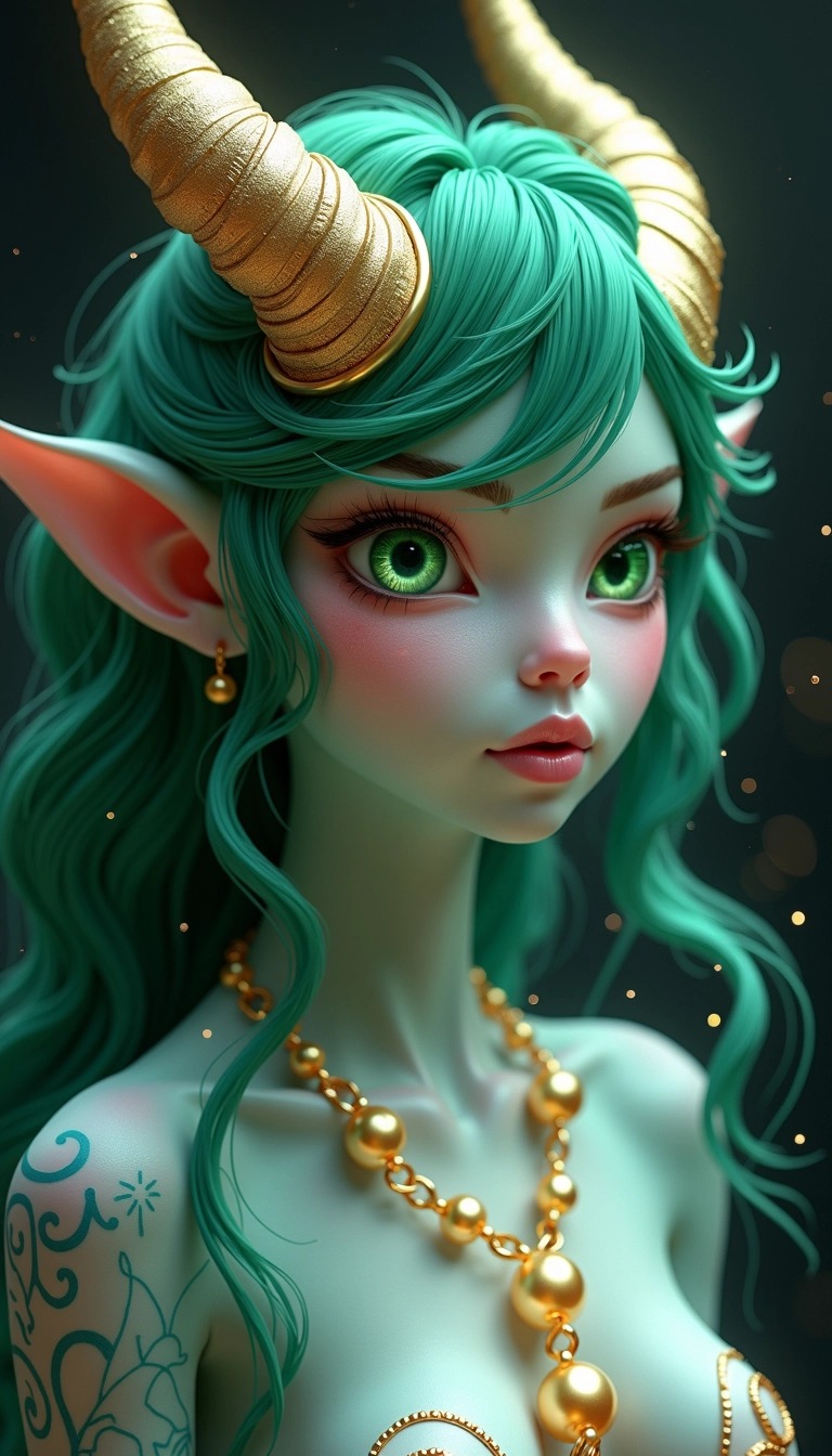 Create an image of a fantastical humanoid figure with emerald green hair and elongated, shimmering gold horns. Transform the figure's skin to a soft gradient of teal and lavender hues, adorned with swirling patterns that catch the light. The character should have large, expressive eyes with a vibrant green iris. Instead of earrings, they wear a delicate chain of glowing orbs around their neck. The background should be a dark, ethereal space that enhances the figure's luminous features. The overall atmosphere should convey a sense of magic and allure.