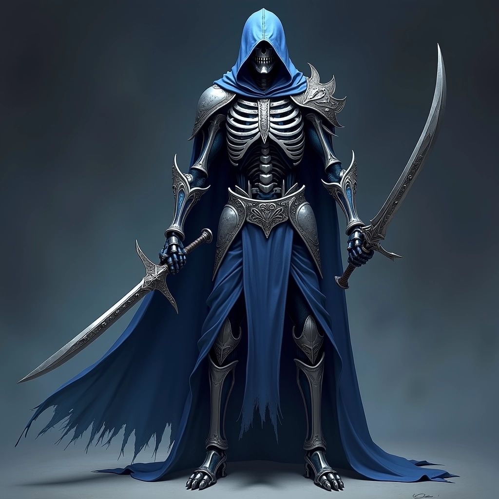 Design a character that features an intricately detailed skeletal armor, but instead of a hood, give it a flowing cape. Change the color scheme to deep blue and silver, with ornate patterns etched into the armor. The character should wield a dual-bladed weapon, and the helmet should have a more exaggerated visor shape, enhancing its menacing appearance. The lower half should be wrapped in a tattered cloak, giving a mysterious vibe. The background should be a gradient of dark blues to evoke a night-time atmosphere.