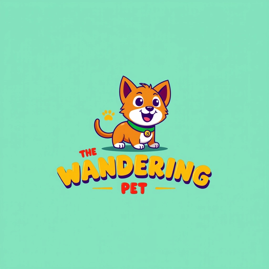**Logo Design Breakdown:**
1. **Color Scheme:**
- Replace the purple background with a bright teal.
- Change the text color from orange to a cheerful yellow.
2. **Character Design:**
- Modify the character from a dog to a playful cat with a wide smile and big eyes.
- Alter the cat's collar to a green color and add a small bell.
3. **Text:**
- Change "THE NOMADIC" to "WANDERING" in a bold, playful font.
- Use a clean and modern font for "PET" below, possibly in a lighter shade of yellow.
4. **Layout:**
- Keep the character centered but adjust its size for better balance with the text.
- Maintain a simple and fun overall layout, ensuring harmony between text and graphic elements.
5. **Additional Elements:**
- Introduce a small paw print icon beside the text to enhance the playful theme.
These changes create a fresh and unique logo while retaining the original design's fun and friendly essence.