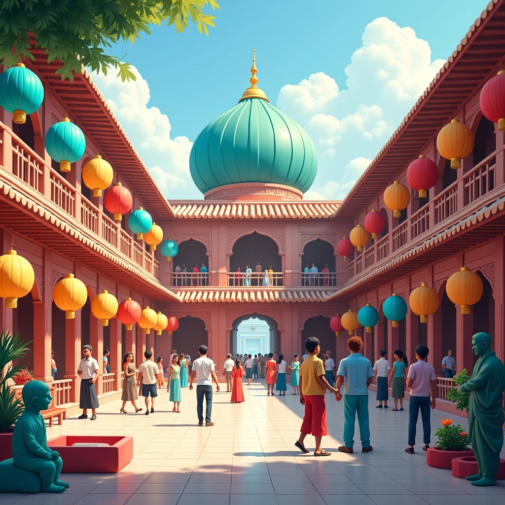Design a vibrant courtyard scene inspired by traditional architecture. Replace the red and yellow lanterns with blue and green lanterns. Maintain the lively atmosphere with diverse groups of people interacting. Introduce a large traditional dome structure in the background, but alter its color to a deep teal. Add a few unique sculptures in the foreground and remove any brand references.