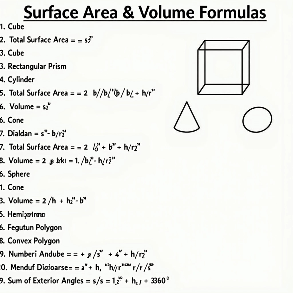 **Surface Area & Volume Formulas**
1. **Cube**
- Total Surface Area = 6s²
- Diagonal = s√3
- Volume = s³
2. **Rectangular Prism**
- Total Surface Area = 2(lb + bh + hl)
- Volume = l × b × h
- Diagonal = √(l² + b² + h²)
3. **Cylinder**
- Total Surface Area = 2πr(h + r)
- Volume = πr²h
4. **Cone**
- Total Surface Area = πr(l + r)
- Volume = (1/3)πr²h
- Slant Height = √(r² + h²)
5. **Sphere**
- Total Surface Area = 4πr²
- Volume = (4/3)πr³
6. **Hemisphere**
- Total Surface Area = 3πr²
- Volume = (2/3)πr³
7. **Frustum of a Cone**
- Volume = (1/3)πh(R² + Rr + r²)
- Total Surface Area = π(R + r)√(h² + (R - r)²)
8. **Regular Polygon**
- Number of Diagonals = n(n - 3)/2
- Perimeter = n × a (where a = side length)
9. **Convex Polygon**
- Sum of Exterior Angles = 360°
- Sum of Interior Angles = (n - 2) × 180°
Feel free to customize as needed!