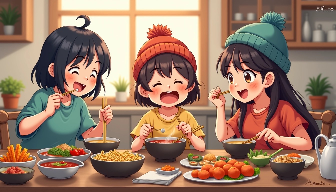 Create an illustration featuring three friends enjoying a meal together at a table filled with various dishes. One character, wearing a beanie, is laughing while holding a pair of chopsticks, another character is engaging in conversation while stirring a bowl of noodles, and the third character is snapping a photo of the meal. The dining table is laden with a variety of colorful foods, including bowls of soup, plates of sushi, and an array of vegetables. The background should depict a cozy kitchen ambiance with warm lighting, and the overall color palette should be vibrant and inviting.