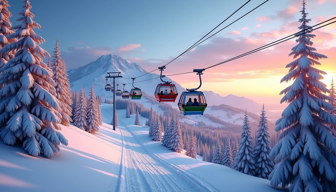 Create an image of a ski resort with a series of colorful gondolas ascending a snow-covered mountain. Replace the clear blue sky with a sunset gradient featuring hues of orange and purple. Add trees with frosted branches in the foreground and an elevated viewpoint to showcase multiple gondolas in the frame, some occupied with skiers and snowboarders enjoying the scenery. Remove any specific brand elements or logos from the gondolas.