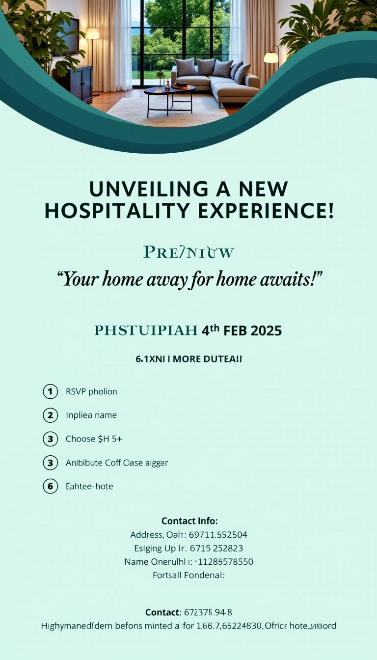 **Design Brief: Hotel Launch Invitation**
1. **Background Color**: Use a gradient light blue to dark teal background that conveys a fresh and welcoming atmosphere.
2. **Main Feature**: Integrate an abstract wave or swirl design element that flows across the top and features an inviting preview of a hotel room. The room could showcase different furniture and decor styles, maintaining a modern aesthetic.
3. **Text Overlay**:
- **Headline**: “UNVEILING A NEW HOSPITALITY EXPERIENCE!” (Use bold, elegant font)
- **Subheading**: “Your home away from home awaits!” (In a slightly smaller, yet noticeable font)
4. **Event Details**:
- Place the date prominently ("4th FEB 2025") with a distinctive time icon next to it ("13:30 HRS"), using clear and readable typography.
- Include RSVP section at the bottom left, with a simple design – just names and contact numbers without any branding.
5. **Imagery**: Choose a high-quality, calming image of the hotel setting with lush greenery or scenic view that replaces the original location.
6. **Contact Info**: Simplify contact number formats and ensure they are easy to read, without specific names or logos.
7. **Footer**: Include the address in a neat layout at the bottom right, using a subtle font.
8. **Overall Tone**: Ensure the design feels chic and inviting while maintaining a clean and professional appearance.