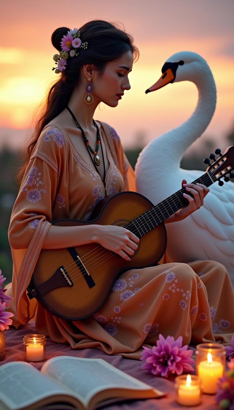 Create an image of a serene woman playing a traditional string instrument while sitting gracefully beside a large, elegant bird. The scene is set during a twilight sky, filled with soft hues of orange and purple. The woman wears a flowing, richly colored garment adorned with intricate patterns and jewelry, emphasizing her connection to nature and music. Surround her with vibrant floral arrangements and softly glowing candles on a textured fabric beneath her, alongside open books that hint at wisdom and spirituality. The bird, resembling a swan, is stylized but not overly detailed, adding a touch of whimsy to the tranquil setting. Emphasize the overall calmness and beauty of the moment, focusing on the harmony between the woman, the bird, and the natural elements.