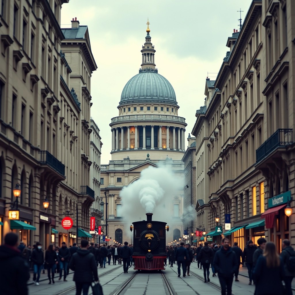 Create an urban scene featuring a busy street with a mix of historical and modern architecture. The composition includes a prominent dome topped with a spire in the background, surrounded by other tall buildings. Replace the train with a vintage vehicle, such as a steam-powered car, emitting smoke. Adjust the people to reflect a diverse crowd engaged in various activities, and remove any visible brand names or logos from buildings and signage. Maintain a cloudy, atmospheric sky to enhance the historical feel, while incorporating contemporary elements like traffic lights and modern streetlamps.