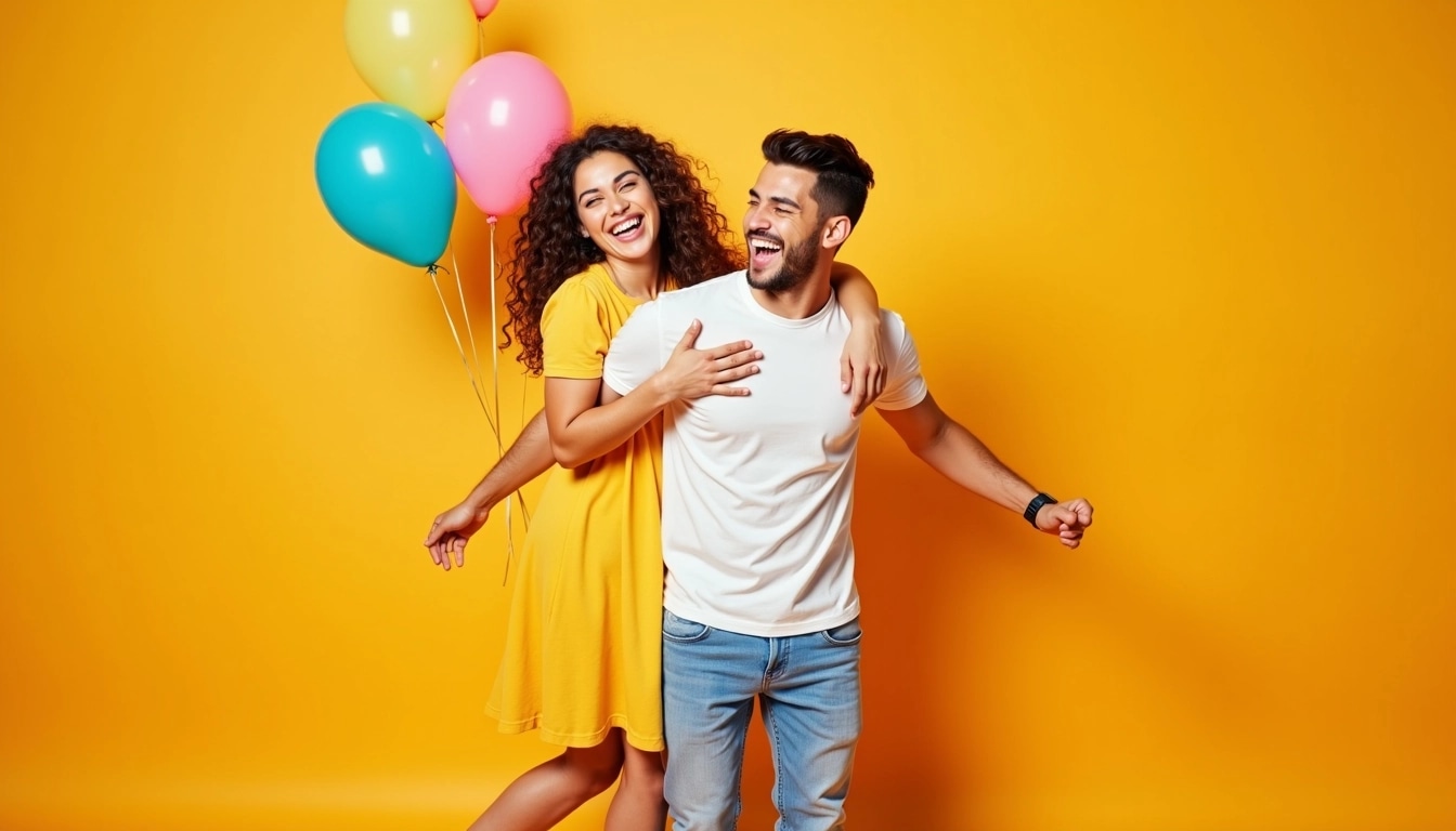 Create an image of a young couple having fun in a playful pose against a vibrant orange background. The woman should be wearing a bright yellow dress, and the man should wear a casual white t-shirt with light blue jeans. The woman is playfully holding onto the man’s shoulders while he is enthusiastically lifting her slightly off the ground, both smiling joyfully. Add a few colorful balloons in the background for a festive touch.
