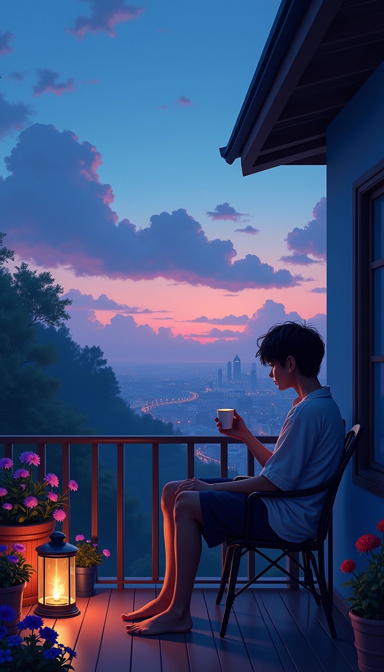Create an image of a person sitting on a balcony in the evening. The scene is filled with rich blues and purples of dusk, with the sky dotted with a few fluffy clouds. The person is dressed in casual, comfortable clothes, holding a cup instead of smoking. The balcony is adorned with vibrant flowers in pots, and there’s a warm glow from a nearby lantern. In the background, a charming cityscape stretches out with softly illuminated buildings, and a few streetlights casting a gentle light. The overall mood is peaceful and reflective, emphasizing a moment of solitude and contemplation.