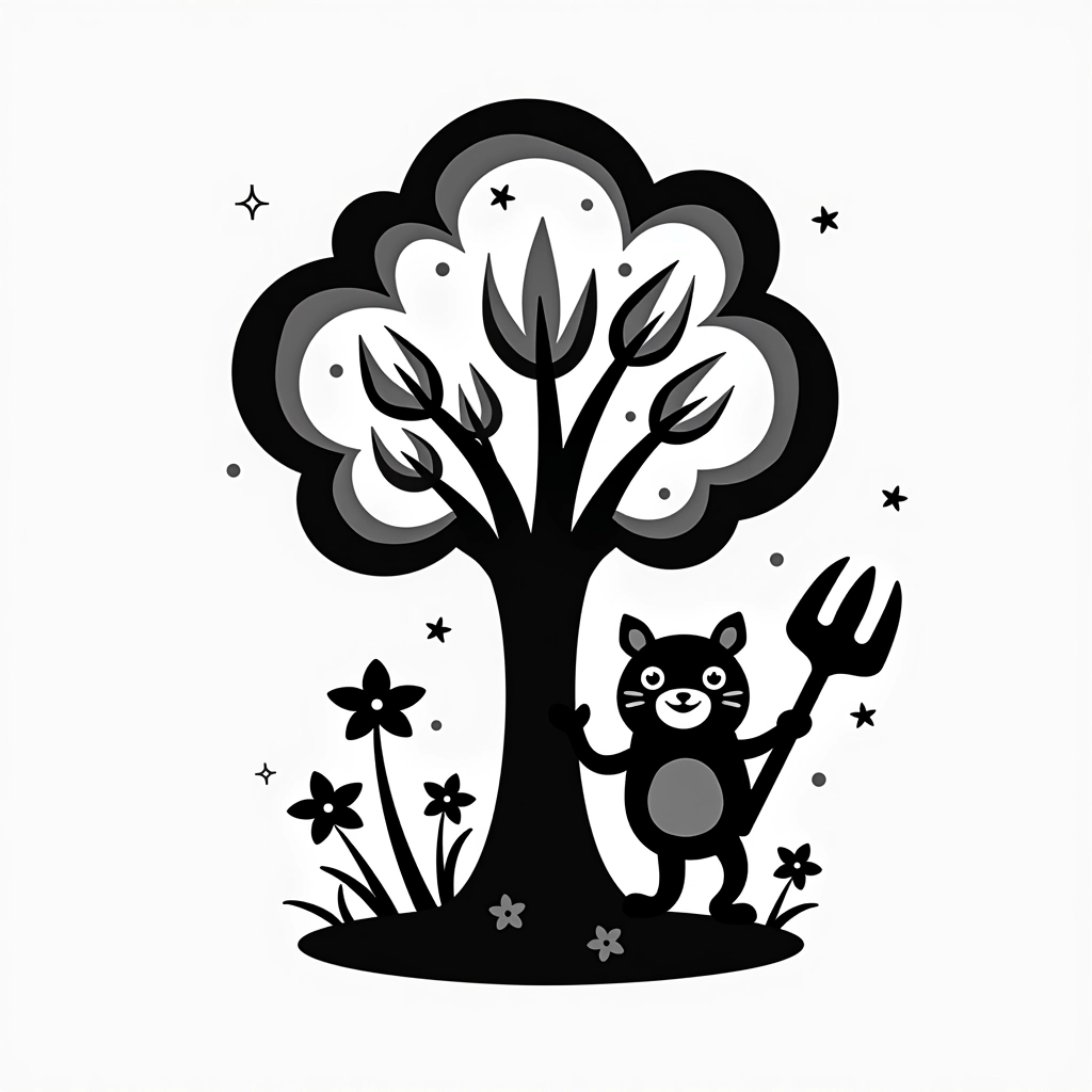 Create a stylized logo featuring a whimsical creature holding a gardening tool, standing in front of a tree with a broader trunk and softer, rounded leaves. Replace the stars with playful, swirling lines to convey movement. Use a more cheerful expression on the creature’s face and add some flowers at the base of the tree instead of grass. Keep the overall design simple and bold, utilizing only black and white for a striking contrast.