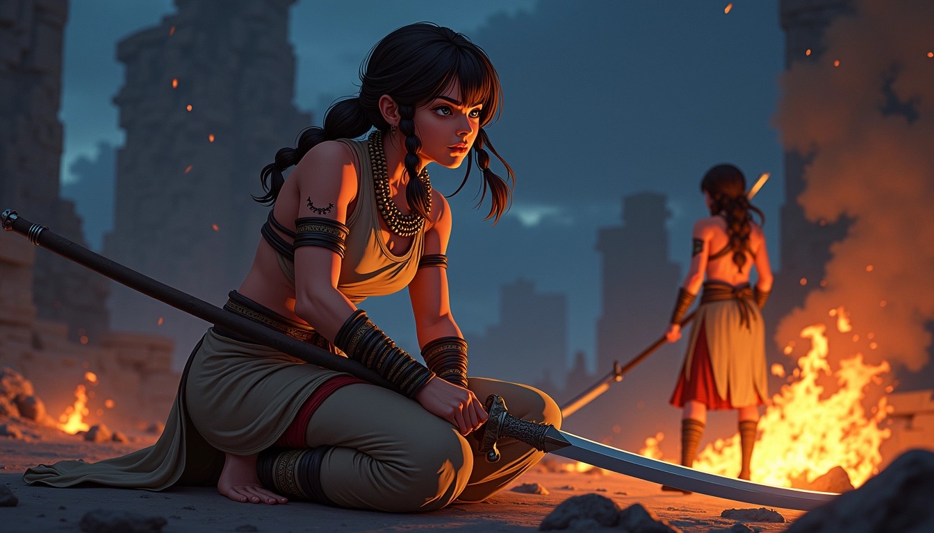 Create an illustration featuring a warrior in a dynamic pose, kneeling with a sword partially drawn. The character should have shoulder-length hair styled in braids, wearing a sleeveless tunic and loose-fitting pants, decorated with tribal patterns. The background should feature a night scene with flickering flames and shadows of towering ruins, creating a sense of urgency. Replace the existing character accessories with different, unique elements like a beaded necklace and arm cuffs. Use a warm color palette to emphasize the glow from the fire, enhancing the mood of the scene. Include a secondary character in the background with a similar stance, but facing away, their silhouette illuminated by the flames.