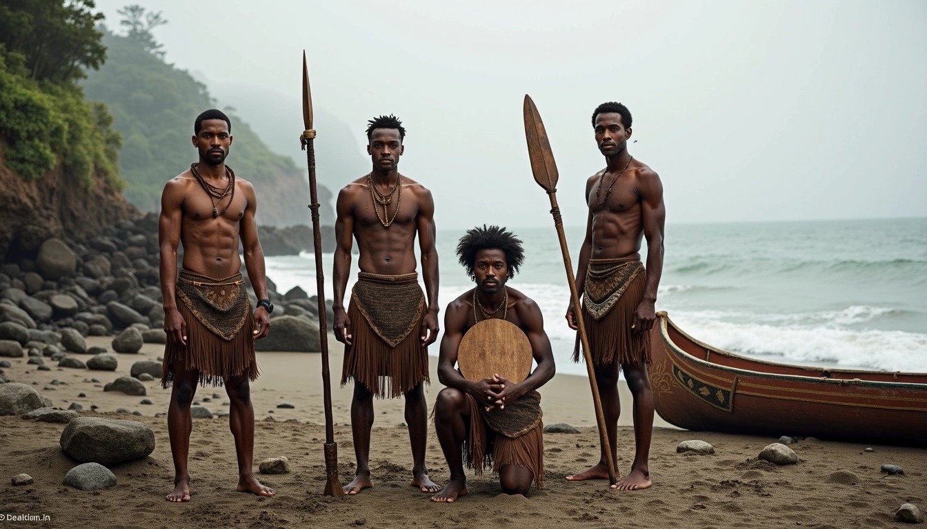 **Design Breakdown Prompt:**
1. **Setting:** A coastal landscape at dawn with low fog, featuring rocky terrain and a gentle beach.
2. **Subjects:** Four individuals, two men and two women, standing confidently. The two men stand in front, while one woman kneels and the other stands slightly behind.
3. **Attire:** Traditional-looking garments made of natural materials; two subjects wear patterned wraps, and two wear minimalistic skirts with fringe details.
4. **Props:** Each subject holds a different handmade weapon, such as a spear, shield, or carved stick, showcasing craftsmanship.
5. **Pose and Expression:** Strong, assertive stances with determined expressions, conveying a sense of unity and strength.
6. **Color Palette:** Muted earth tones, with emphasis on browns, greens, and greys, to resonate with the natural environment.
7. **Background Elements:** Suggestions of tribal artwork on a nearby canoe, surrounded by lush vegetation and calm waters in the distance.
8. **Lighting:** Soft, diffused light from an overcast sky, adding a somber and reflective mood to the scene.
9. **Focus:** Slightly blurred background to emphasize the subjects in the foreground.
Modify these features as needed while removing any brand references.