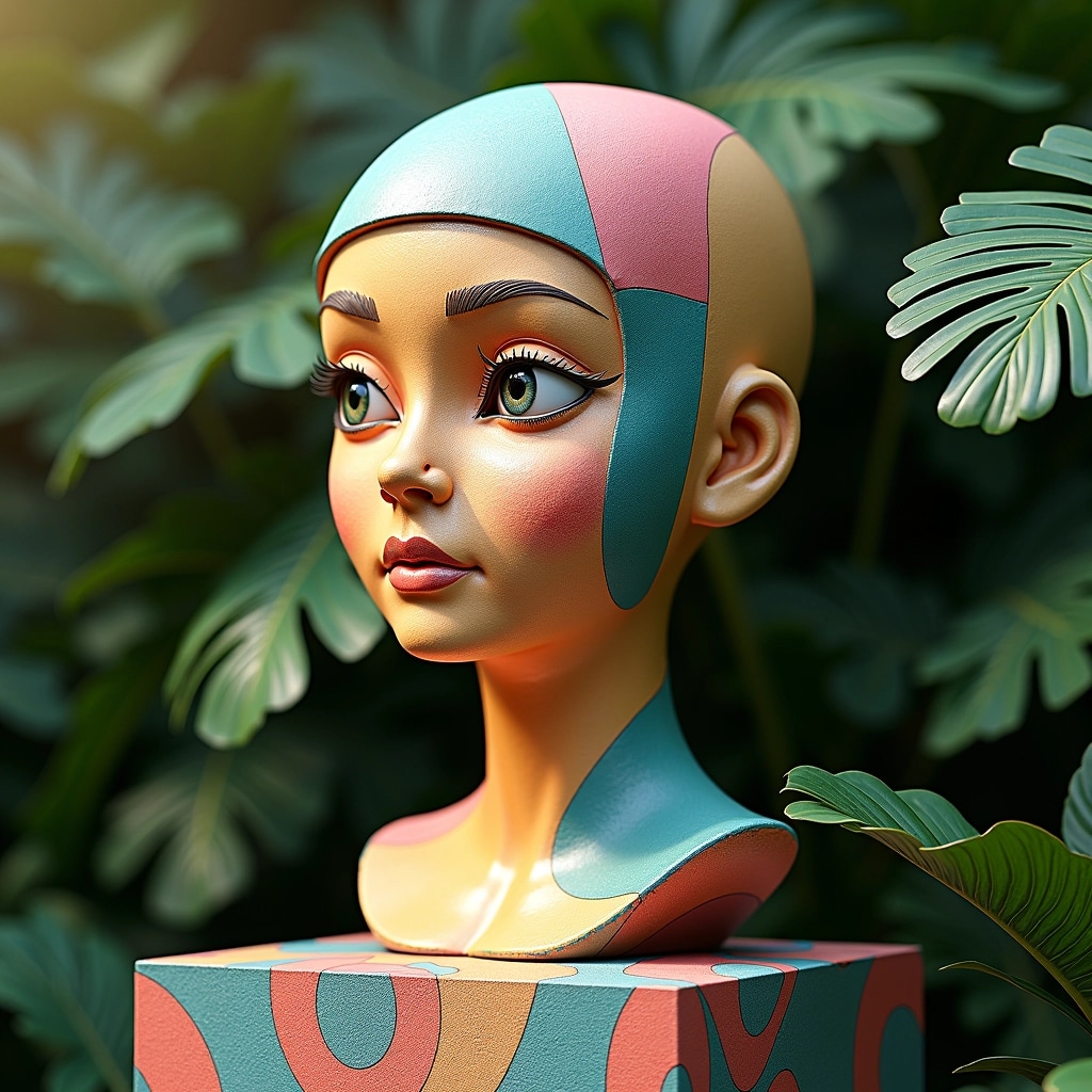 Create a sculpture design inspired by ancient monolithic figures. The sculpture should have a rounded head and a smooth, featureless surface. Change the facial structure to have wider eyes and a more pronounced smile. Instead of a traditional statue, give it a vibrant, colorful finish, and place it on a pedestal adorned with abstract patterns. Surround the sculpture with lush, tropical foliage to give it a lively atmosphere.