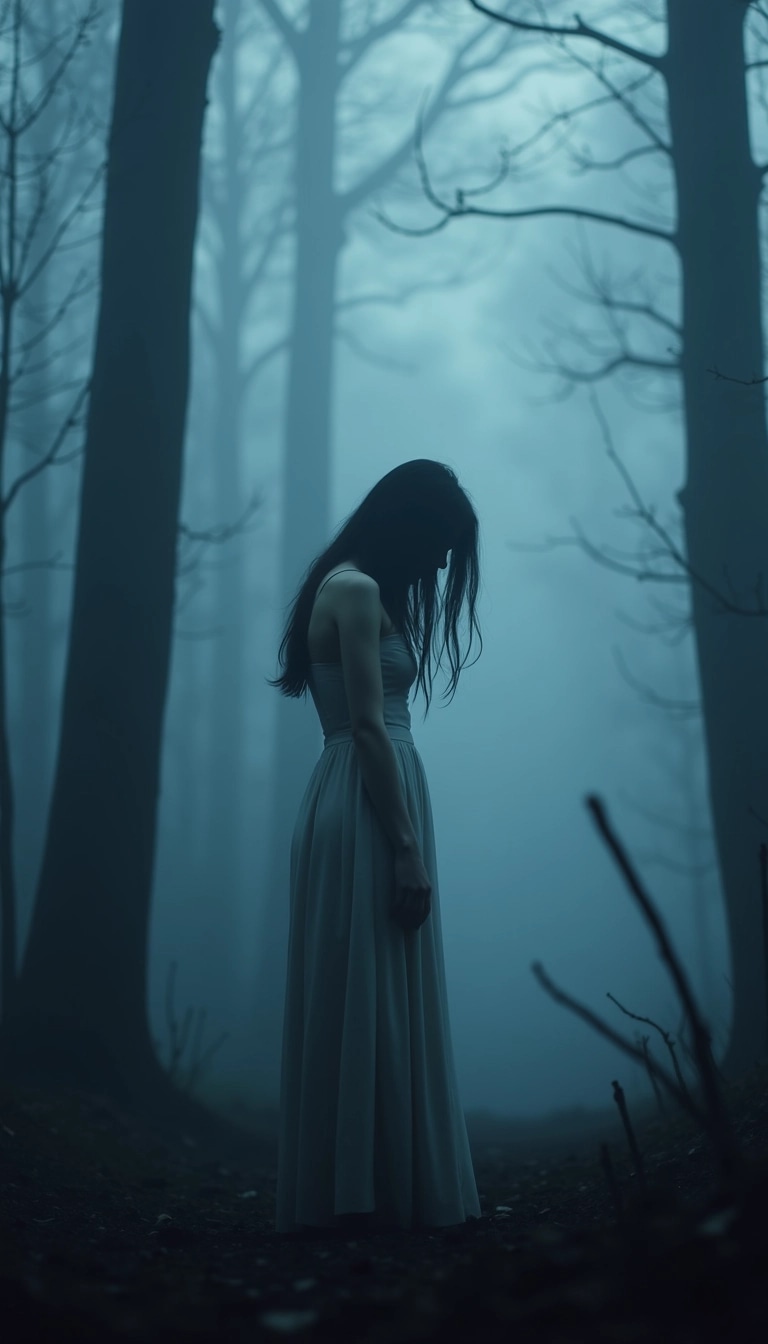 Create an image of a figure in a dark forest under a misty atmosphere, with ethereal blue tones. The figure is a person with long, flowing hair, standing with their head bowed, wearing a simple, elegant dress. The background features blurred trees and an indistinct, shadowy environment, enhancing the sense of mystery and introspection. The overall mood is serene yet haunting, evoking a feeling of solitude.