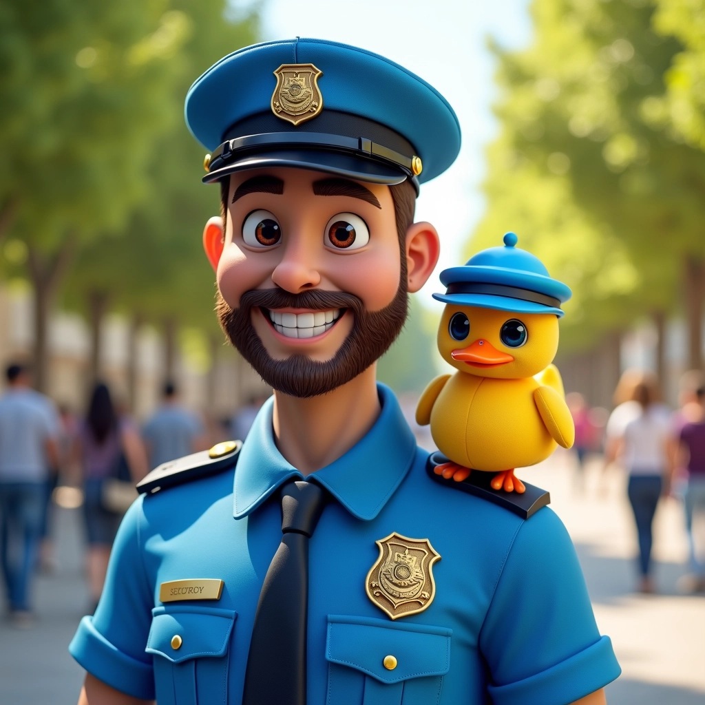 Create an image of a friendly security officer wearing a bright blue uniform and a cap. The officer has a cheerful expression and a well-groomed beard. Instead of a plush yellow duck, have a small, animated robot wearing a tiny blue hat perched on the officer's shoulder. The background should feature a sunny park with people strolling, keeping the focus on the officer and the robot.