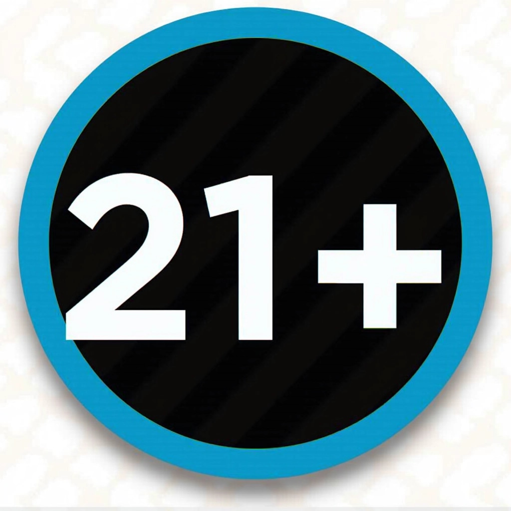 Create a circular design with the following features:
1. **Outer Circle**: Use a bright blue color as the border instead of red.
2. **Inner Circle**: Maintain a solid black background.
3. **Text**: Replace "18+" with "21+" in a bold, white font, ensuring the numbers are large and centered.
4. **Shape**: Keep the overall circular shape but add a slight gradient to the blue border to give it depth.
5. **Additional Element**: Include a subtle pattern in the black background, such as faint diagonal stripes, to add texture.
This design should convey a similar message while incorporating the specified changes.