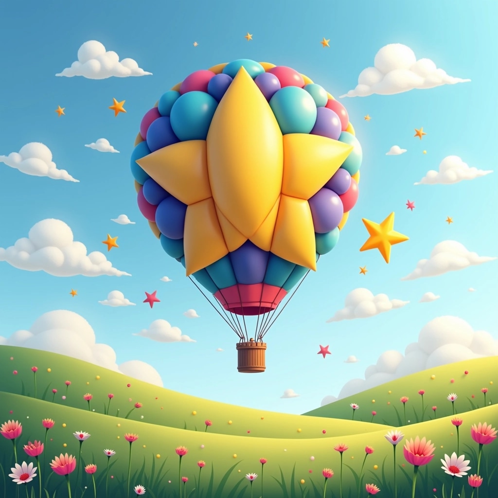 Create an image featuring a vibrant hot air balloon shaped like a star, composed of a mix of colorful spheres in shades of yellow, blue, and purple. The balloon should be lifted above a whimsical landscape with gentle rolling hills, a grassy field dotted with multicolored flowers, and a clear blue sky filled with fluffy white clouds. Remove any brand elements and include whimsical shapes like stars and butterflies floating around the balloon for an enchanting touch.
