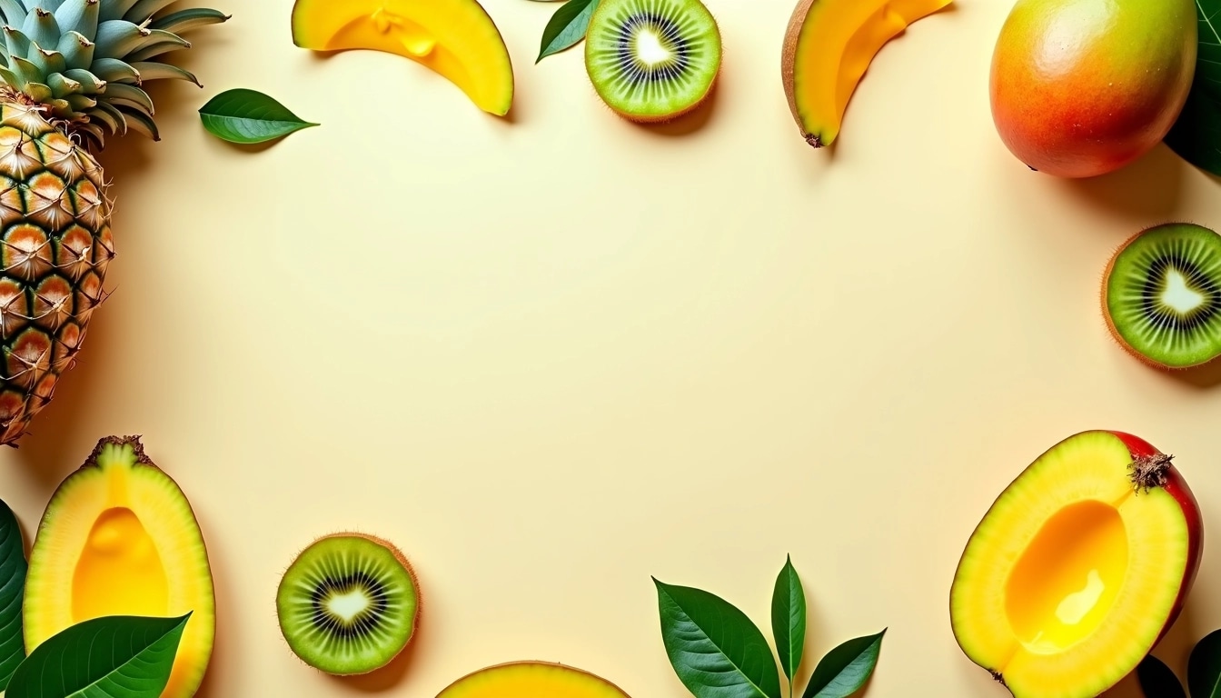 Create an image featuring an arrangement of tropical fruits on a light background. Use a pineapple, kiwi, and mango, along with slices of each fruit. Incorporate vibrant colors, with green leaves scattered around to add a fresh look, ensuring the composition looks balanced and visually appealing. Keep the lighting bright to emphasize the fruit's textures and colors, without any brand references.