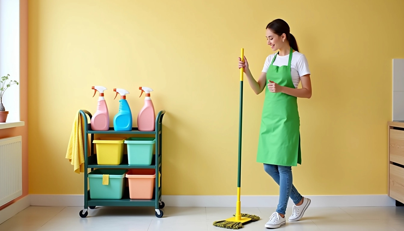 Design an image featuring a person cleaning a modern kitchen. The individual wears a bright green apron and holds a mop with a yellow handle. Next to them is a cleaning cart equipped with various reusable containers for cleaning supplies, such as sprays, cloths, and brushes, all in vibrant colors.
Replace the background with a simple pastel-colored wall, avoiding recognizable brand logos on the cleaning supplies. The person should have their hair pulled back neatly and wear comfortable, casual shoes. The overall vibe should convey a fresh, tidy atmosphere without any brand references.