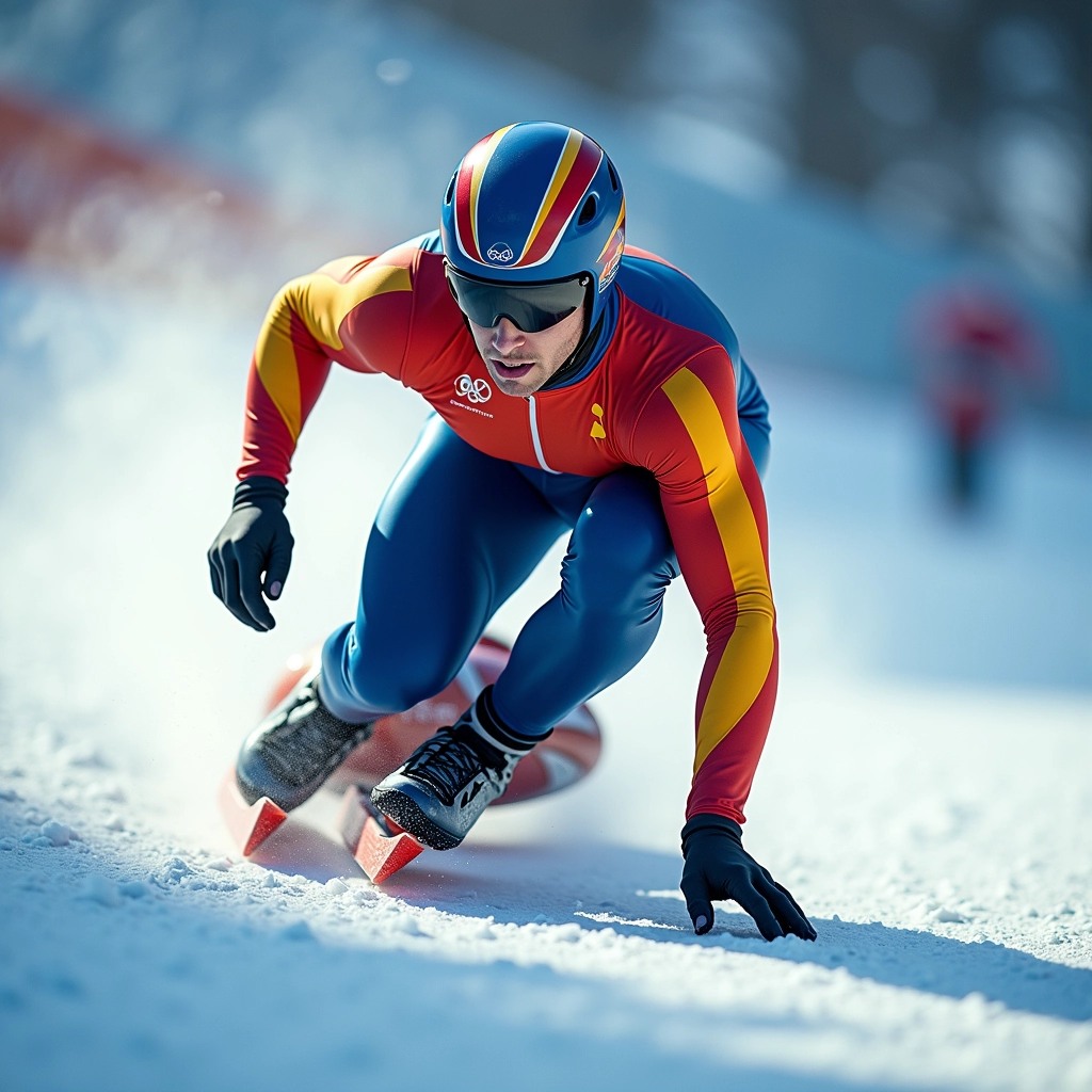 Design a sports image featuring a male luge athlete in a streamlined racing suit. Change the color scheme to shades of blue and orange, replacing the original red and yellow. Eliminate any brand logos and symbols, opting for a simple, abstract geometric pattern instead. The athlete should have a helmet that features a minimalistic design, avoiding any identifiable emblems. Capture the athlete in a dynamic racing pose on the luge track, emphasizing speed and agility. The background should be a blurred representation of the ice track to convey motion.