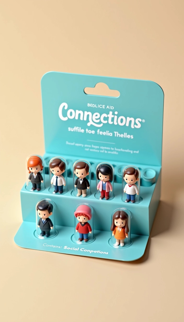 Design a playful product package that resembles a medication blister pack, but instead of pills, it contains small figurines of diverse characters in various outfits. The color of the packaging should be light blue, and the background should be a soft beige.
Remove any brand references and replace the label with a generic title such as "Connections" and a tagline stating "Contains: Social Companions." The figurines should depict a variety of professions, showcasing a mix of attire ranging from casual to formal. Each figurine should be displayed in individual transparent compartments within the blister pack.