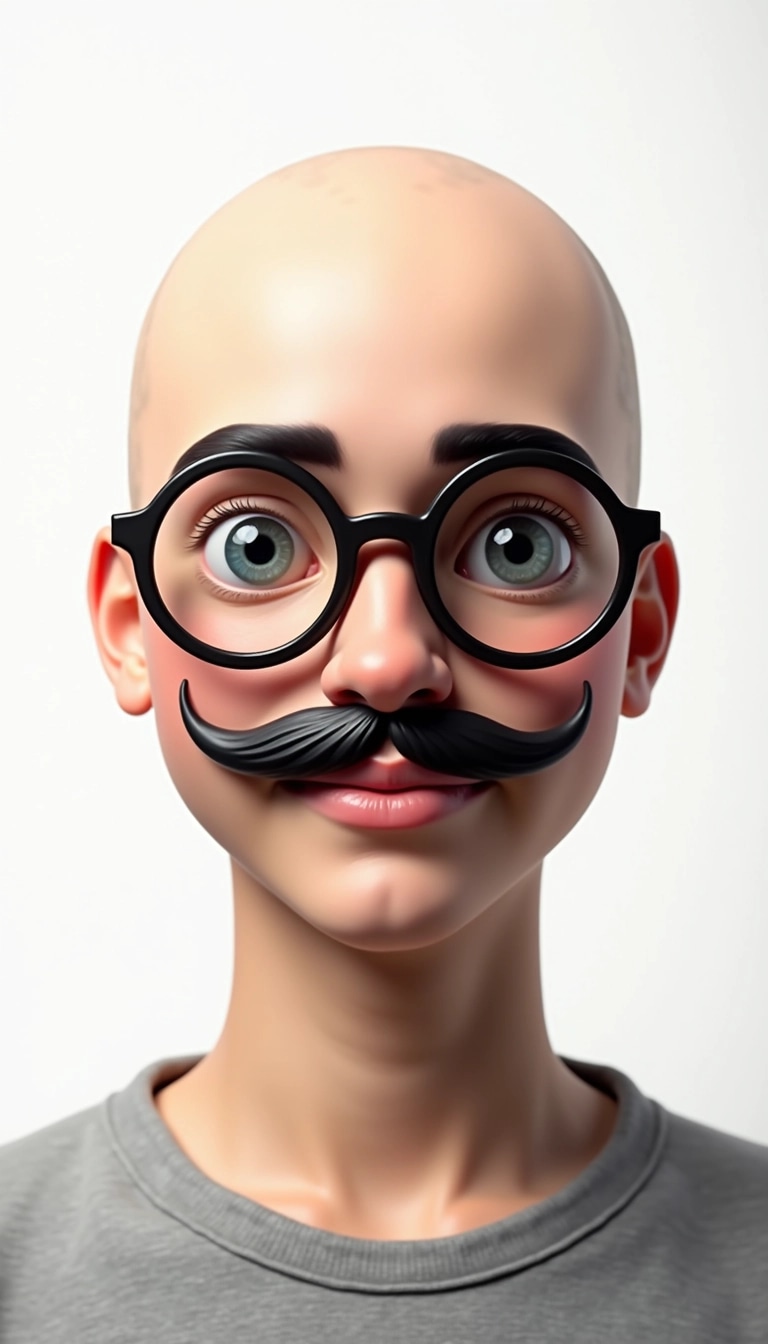 Create an image of a bald person with round glasses and a thick, handlebar mustache. The individual should have a neutral expression and be positioned against a solid white background. Change the glasses to a more colorful style and make the mustache slightly longer, giving the character a quirky appearance. Adjust the lighting to create a softer focus around the face.