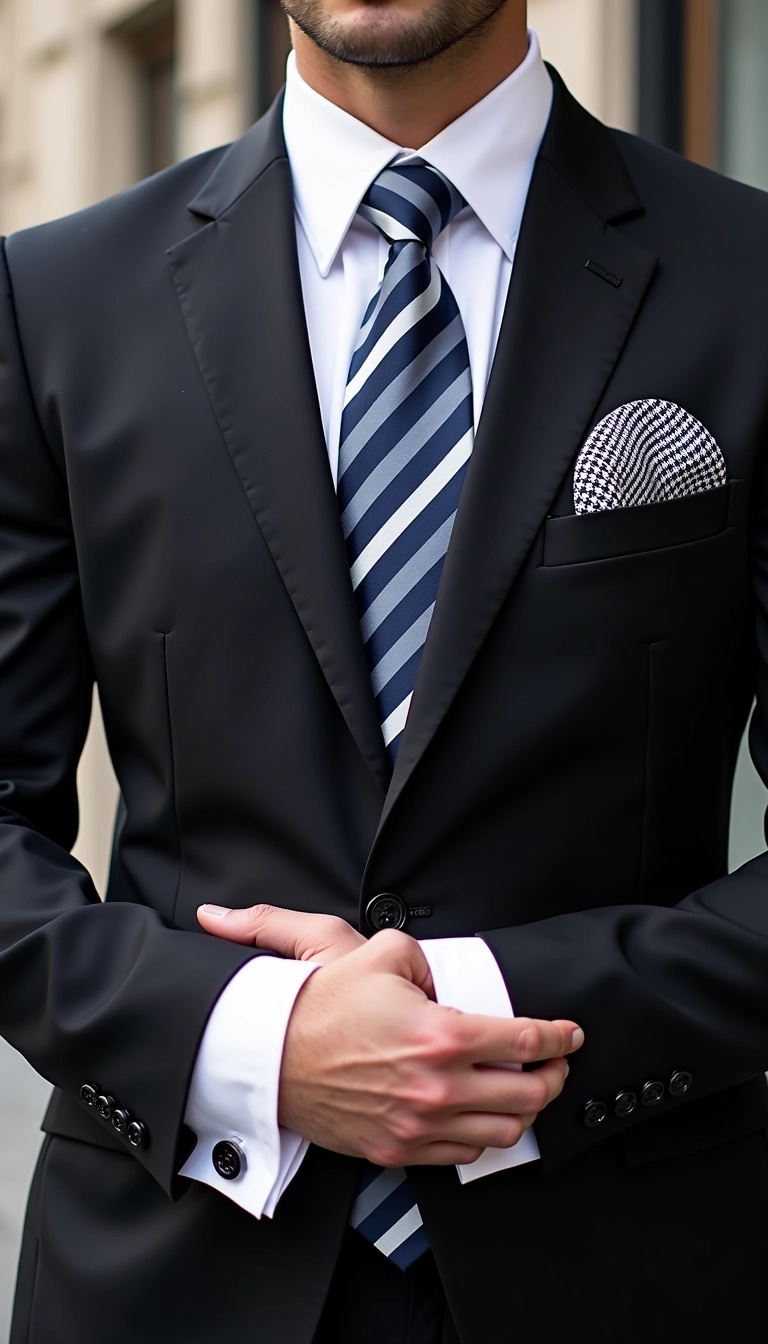 Create an image featuring a formal outfit that includes:
1. A fitted dress shirt with a crisp, white appearance and a slight sheen.
2. A tie with a bold, alternating pattern of deep blue and silver stripes.
3. A matching pocket square with a subtle houndstooth design in the same blue and silver tones.
4. A sleek cufflink with a circular design, featuring a simple geometric pattern.
5. The suit jacket should be a classic black with a modern cut.
Ensure the overall design conveys sophistication while maintaining a contemporary style.