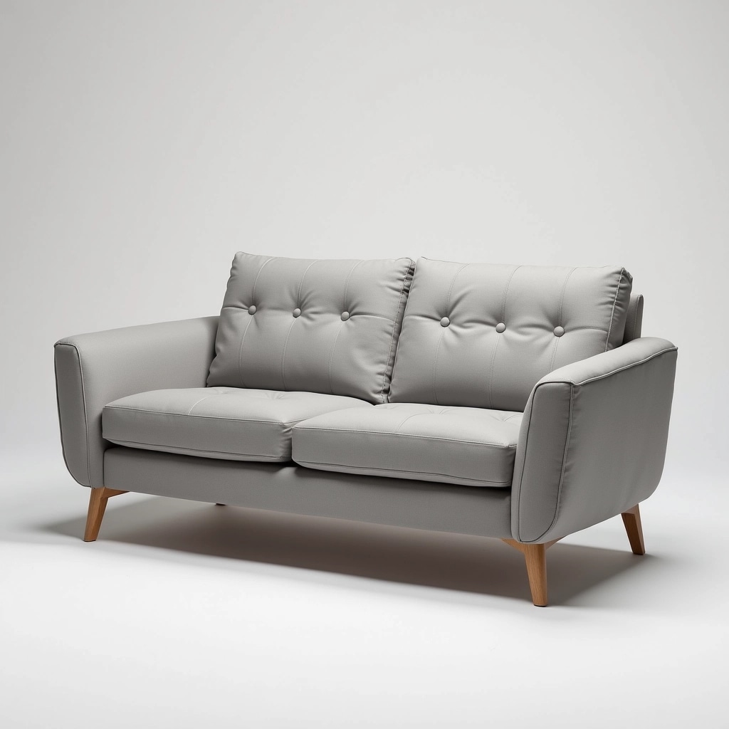 Design a two-seater sofa with the following features:
- Change the upholstery to a light gray fabric instead of leather.
- Modify the armrests to be slightly curved for a softer look, rather than sharp angles.
- Replace the button detailing on the backrest with a clean, smooth surface.
- Ensure the legs are made of wood and have a natural oak finish instead of a minimalist style.
Maintain a modern, minimalist aesthetic overall.
