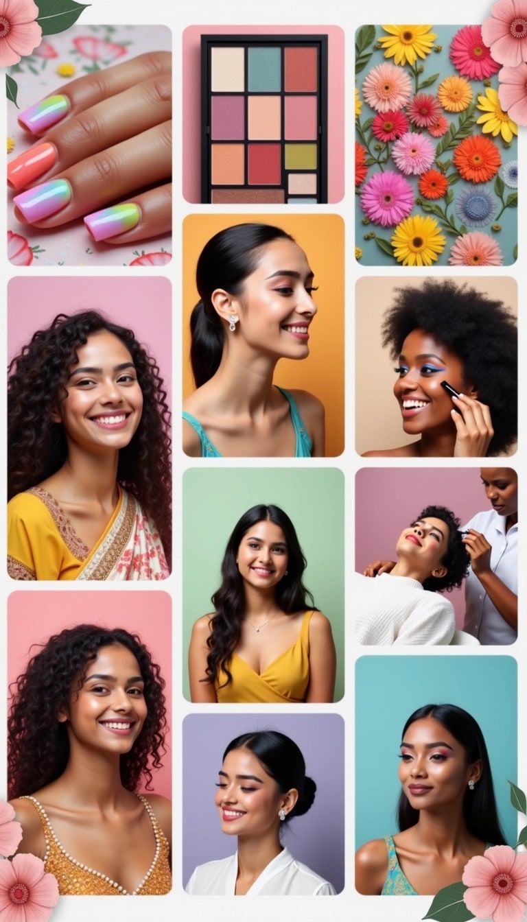 **Image Design Breakdown:**
1. **Layout:**
- Create a 3x3 grid structure.
- Each section should feature a different aspect of beauty and wellness.
2. **Top Row:**
- Left: A close-up of beautifully manicured nails against a floral background.
- Middle: A vibrant makeup palette with colorful products.
- Right: A focused shot of a person applying eyeshadow, showcasing artistry.
3. **Middle Row:**
- Left: A model displaying artistic face makeup with bold colors.
- Middle: A candid shot of a person wearing a traditional outfit, smiling with floral accents.
- Right: A relaxed portrait of someone having their hair styled.
4. **Bottom Row:**
- Left: A close-up of a model with dramatic eyeliner being applied, demonstrating precision.
- Middle: A beauty professional applying makeup while engaging with the model.
- Right: A serene image of a person enjoying a facial treatment.
5. **Color Palette:**
- Use bright and pastel shades for a lively and inviting feel.
- Incorporate soft lighting for a warm ambiance.
6. **Additional Features:**
- Remove any brand references and logos.
- Ensure diversity in models and styles to reflect inclusivity.
- Focus on natural elements like flowers to enhance beauty themes.