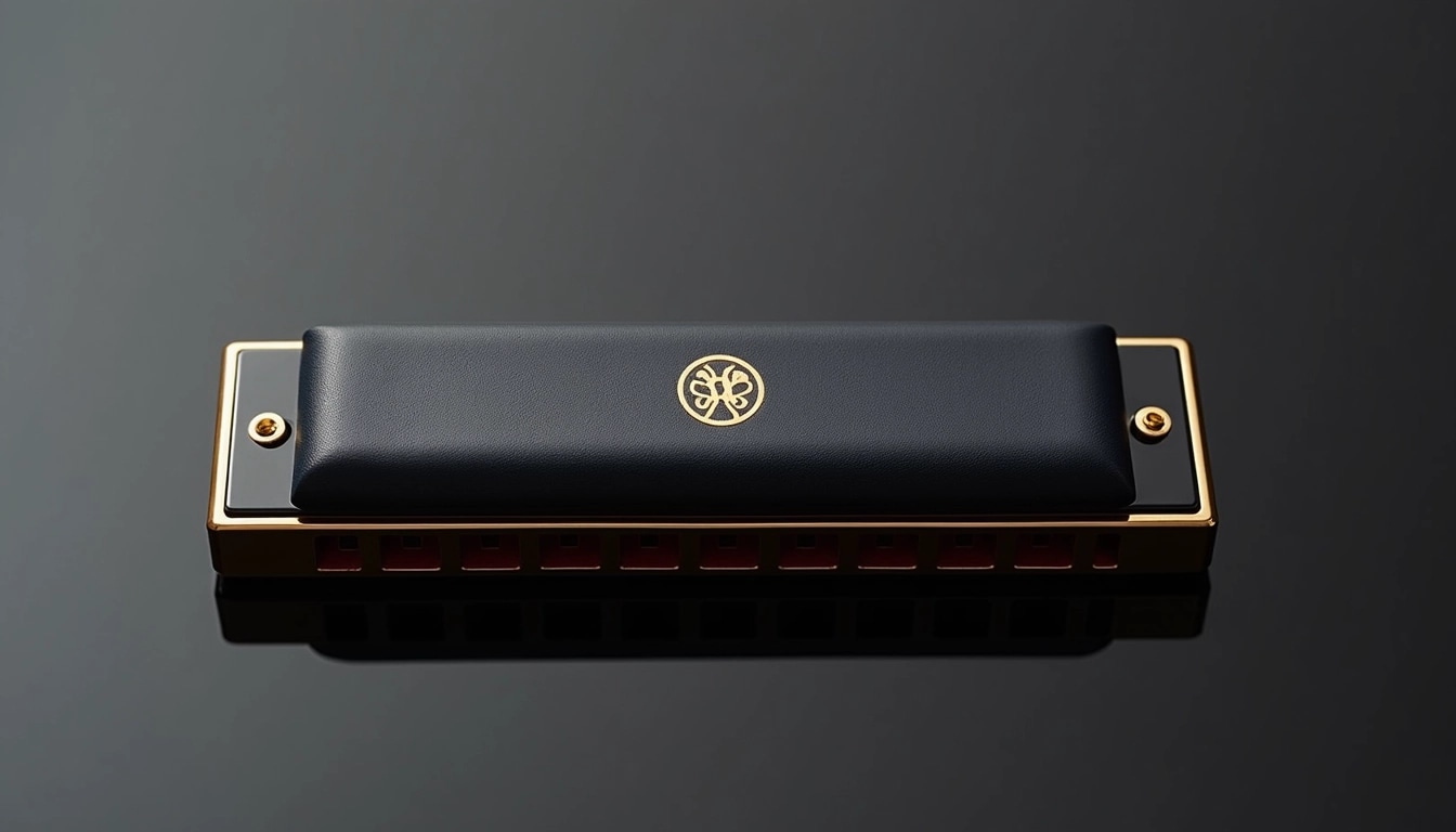 Design a harmonica with the following features:
1. **Materials**: Use a matte black finish for the body instead of shiny metal.
2. **Case**: Replace the traditional red interior with a deep blue velvet lining.
3. **Shape**: Alter the harmonica shape to have rounded edges for a more ergonomic grip.
4. **Color**: Change the main color of the harmonica to a dark charcoal gray.
5. **Text**: Replace any brand references with a simple, elegant logo at the center.
6. **Details**: Add gold accents around the edges for a premium look.
Ensure it looks modern and appealing while maintaining functionality.