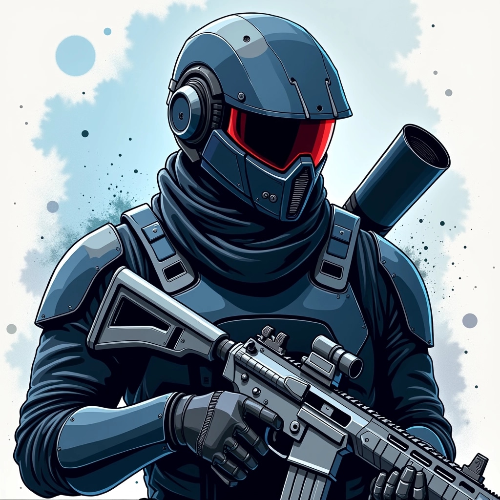 **Redesigned Image Prompt:**
Create an illustration of a futuristic soldier with a visor instead of sunglasses. Change the helmet to a sleek, modern design with no markings. Instead of a scarf, add a high-tech collar with embedded communication devices. Replace traditional weapons with sci-fi plasma rifles visible over the shoulder. The background should feature abstract geometric shapes to signify advanced technology. Use a color palette of dark blue and silver instead of black, and include dynamic splashes of light instead of ink drips for a more energetic vibe.