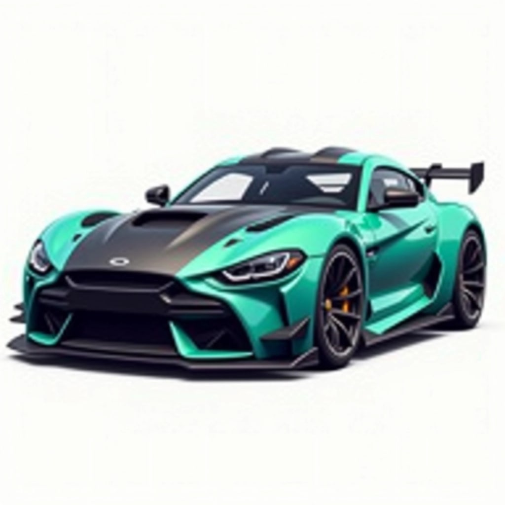 Create a stylized illustration of a sports car with a sleek, aerodynamic shape. The car should have a glossy teal color with a matte black hood, but change the shape of the front grille to be more angular. Add larger, multi-spoke wheels and integrate a more aggressive rear wing. Ensure the car is positioned at a dynamic angle to emphasize its speed and performance, and remove any brand logos or names.