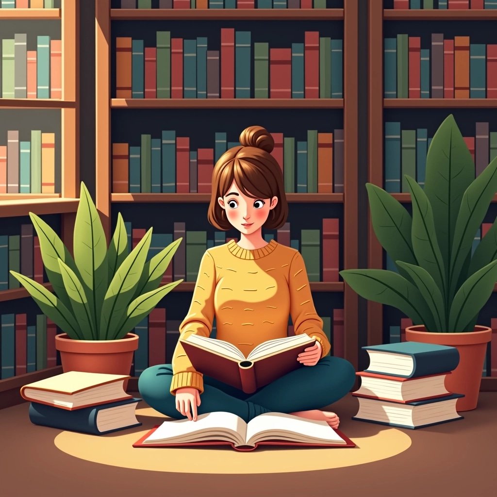 **Design Breakdown Prompt:**
Create an image of a person sitting on the floor of a cozy library, surrounded by books. The individual has a relaxed posture, wearing a loose-fitting, textured sweater in a warm hue. They are engaged in examining a large book laid open in front of them, while stacks of various books are arranged beside them. The scene features wooden shelves lined with books in varying colors and sizes, with warm lighting that creates a soft, inviting atmosphere. Change the person’s hair color to a light brown and adjust the background to feature decorative plants instead of books, providing a fresh and lively touch to the library setting.