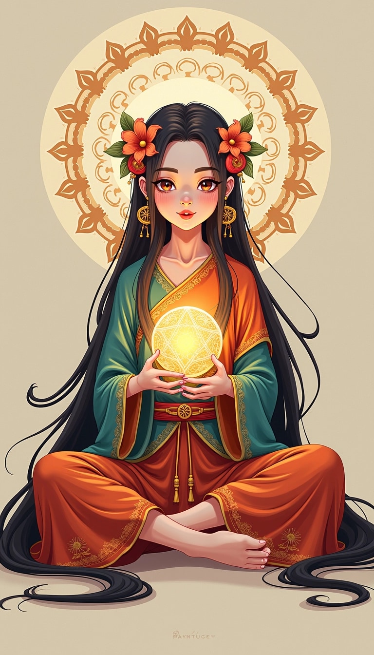 Create an illustration featuring a humanoid figure seated in a relaxed pose, wearing a vibrant garment with flowing edges and intricate patterns. Instead of holding traditional symbols, have the figure grasp decorative orbs that emit a soft glow. The character should have long, flowing hair adorned with floral elements, highlighting ethereal features. A subtle decorative backdrop with swirling motifs should enhance the visual appeal, while keeping the color palette rich and inviting. Ensure that the character's expression conveys playfulness and wisdom, with an overall sense of harmony and balance.