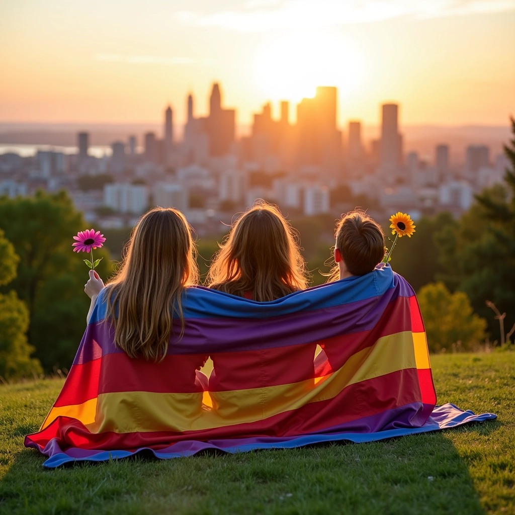 Create an image featuring three individuals sitting on a grassy hill, facing a city skyline. They are wrapped in a large, colorful blanket while smiling and enjoying the view. Instead of holding small flags, they each have flowers in their hands. The setting is during golden hour, with warm sunlight casting a soft glow on their faces and the surrounding nature is vibrant and lush. The individuals are dressed in casual summer attire, and the background showcases a mix of modern and natural elements.