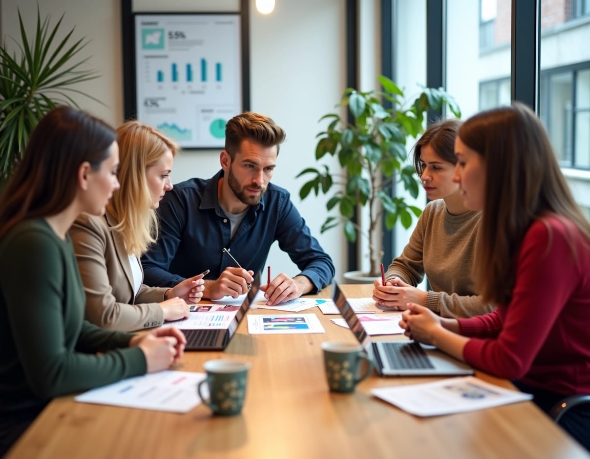 **Prompt:**
Create an image depicting a group brainstorming session at a wooden table. There are four individuals engaged in discussion, with a mix of genders and styles. One person is presenting ideas, while the others are reviewing printed materials and taking notes.
Alter these features:
1. Change the setting to a bright, modern office space with large windows.
2. Replace printed materials with digital devices like tablets or laptops showing colorful graphics.
3. Include a plant in the background for a fresh ambiance.
4. Use coffee mugs with unique patterns instead of generic white ones.
5. Ensure the individuals are dressed casually, reflecting a relaxed yet professional vibe.
Make sure no brand references or identifiable logos are present in the image.