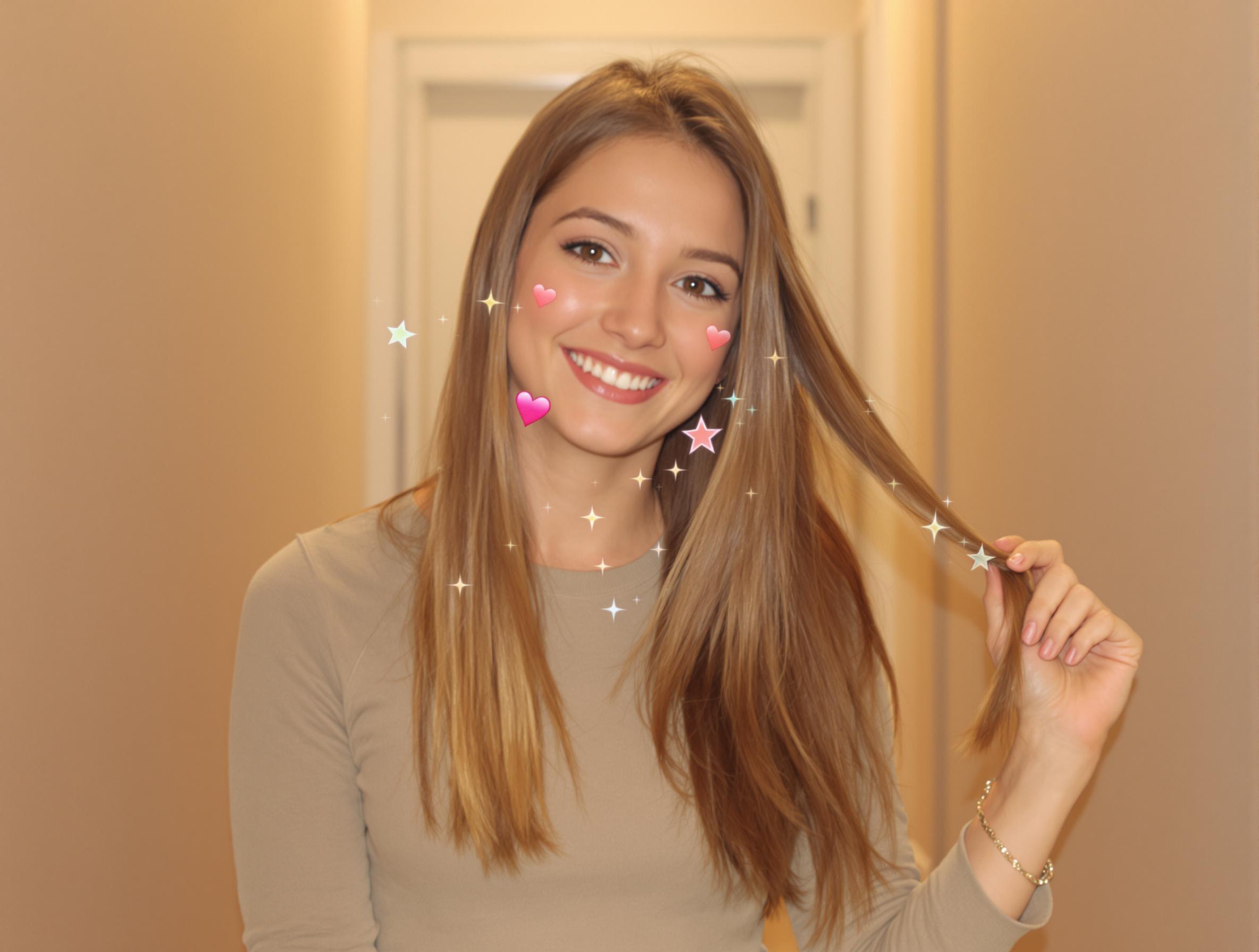 - **Subject**: A smiling young person with long, straight hair.
- **Pose**: The subject is holding their hair with one hand, looking directly at the camera.
- **Background**: A neutral-colored indoor setting, possibly resembling a hallway or small room.
- **Clothing**: A fitted, long-sleeve top in a solid color.
- **Makeup**: Minimalistic, natural look with subtle highlights.
- **Effects**: Add whimsical elements, like floating geometric shapes or stars, instead of hearts on the cheeks.
- **Accessories**: Replace any visible jewelry with simple, understated pieces like small studs or a plain bracelet.
- **Lighting**: Soft and warm, suggesting a cozy atmosphere.
Feel free to adjust facial expressions or hair color.