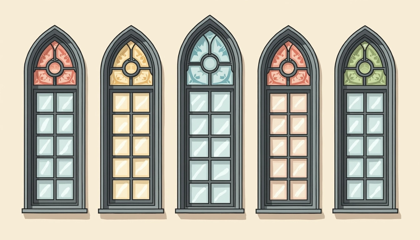 Create a design featuring five tall, arched windows with intricate patterns. Change the shapes of the upper arches to be more rectangular with rounded tops, and replace the floral motifs with geometric shapes. The frames should be a deep grey instead of black, and the window panes should be colored in soft pastels instead of clear. The background should be a lighter shade to contrast with the windows.