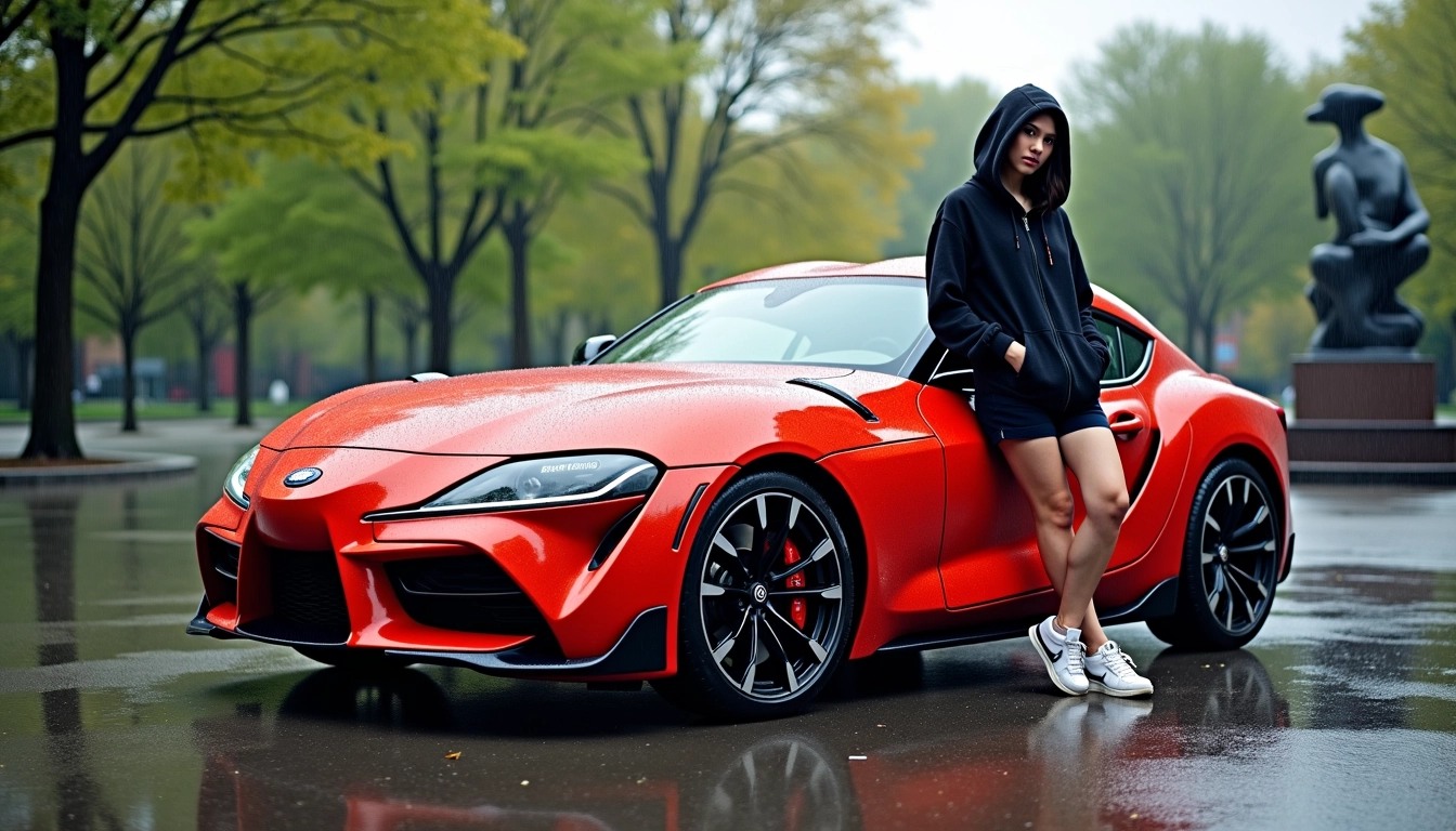 Create an image featuring a sporty car in a rain-soaked urban environment. The car should have a sleek, modern design with a bright red color and distinctive alloy wheels. Position a person casually leaning against the car, wearing a black hoodie and shorts, with a relaxed yet confident posture. The background should include lush green trees and an abstract statue in a public park, with overcast skies to set a moody atmosphere. Ensure there are no visible brand references or logos.