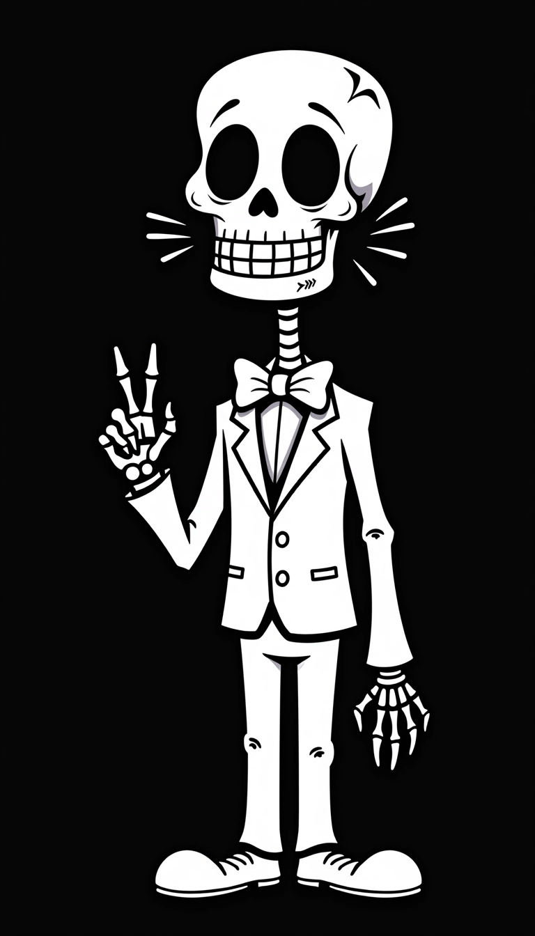 Create a character with a simplistic, cartoonish skeleton design. This character should have a tall, rectangular head with a flat top and large, round eye sockets. The facial features should include a wide, toothy grin and minimal nose detail, with decorative lines radiating from the eyes.

Dress the character in a formal suit without visible brand logos. The suit should be primarily white with subtle black accents. Add a bow tie at the collar. Instead of holding a bone, the character should have a quirky hand gesture, such as a peace sign. The background should remain solid black to enhance the contrast and visual impact of the character.