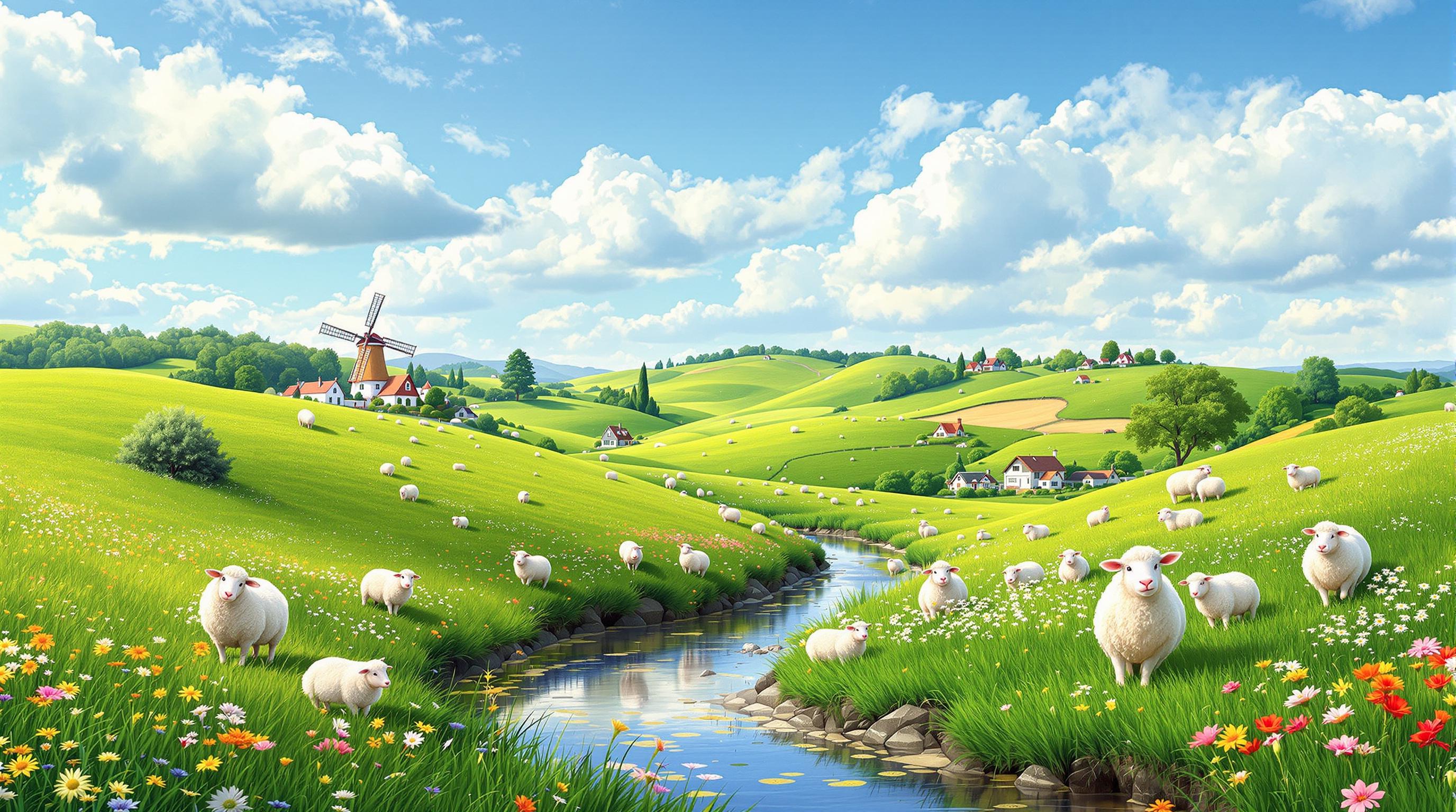 Create a vibrant landscape scene featuring rolling hills under a bright blue sky with fluffy white clouds. Instead of a farm, have a small village with quaint, colorful houses and a windmill in the background. Replace the cows with playful sheep grazing in the grassy fields. Add a gentle stream running through the scene, reflecting the greenery around it, and embellish it with wildflowers scattered throughout the grass.