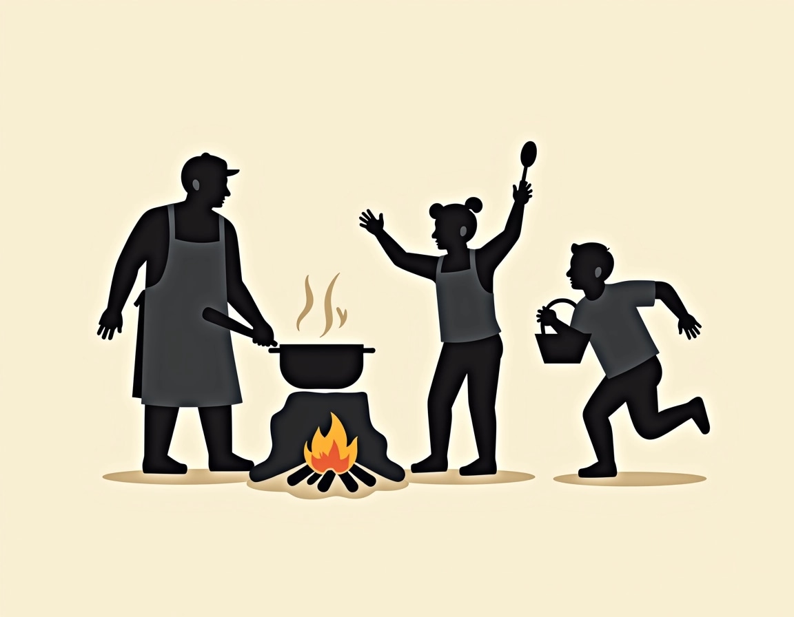 Create a design featuring three figures in silhouette. One figure is wearing an apron and holding a large pot over a small fire. The second figure is energetically raising a spoon as if cheering, while the third figure is dashing away with a basket. The background should remain plain to emphasize the action and camaraderie among the characters.