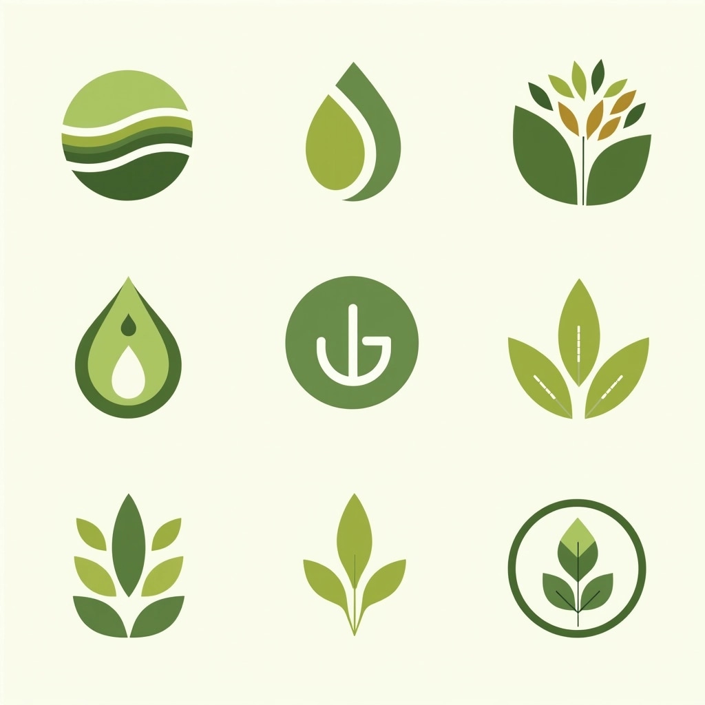 **Image Design Breakdown:**
1. **Grid Layout:** A 3x3 grid featuring nine distinct logo designs. Each logo represents a theme related to nature or organic products.
2. **Color Palette:** Various shades of green are predominant, suggesting freshness and vitality. Additional earthy tones can be added to enhance the organic feel.
3. **Logo Elements:**
- **Top Left:** Circular shape incorporating flowing lines, resembling a wave or leaf.
- **Top Middle:** A pair of stylized leaves with a small element like a droplet or fruit at the top.
- **Top Right:** Simple leaf design within a circle, accompanied by rounded text below.
- **Middle Left:** A leaf design with layered textures, indicating depth.
- **Middle Center:** A circular emblem with a leaf and a small circular element, implying growth or nourishment.
- **Middle Right:** A stylized letter, perhaps a geometric shape, integrated with a leaf to create contrast.
- **Bottom Left:** A larger leaf with a flame or light symbol, suggesting transformation or energy.
- **Bottom Middle:** Tall, elegant leaf shapes with a softer, rounded bottom.
- **Bottom Right:** A circular emblem with leaves surrounding two small elements, giving a sense of balance.
4. **Font Style:** Clean, modern fonts are used, keeping the text simple and legible.
5. **Features to Change:**
- Replace the circular and leaf motifs with alternative shapes, such as geometric patterns or floral designs.
- Alter the colors to include warmer earth tones like browns and yellows.
- Change the font to a more rustic or hand-drawn style for a different organic feel.
6. **Brand References:** Remove any direct mentions of products or branding from the text elements to create a more generic appeal.
This design approach maintains the essence of a nature-inspired theme while introducing new elements and characteristics.